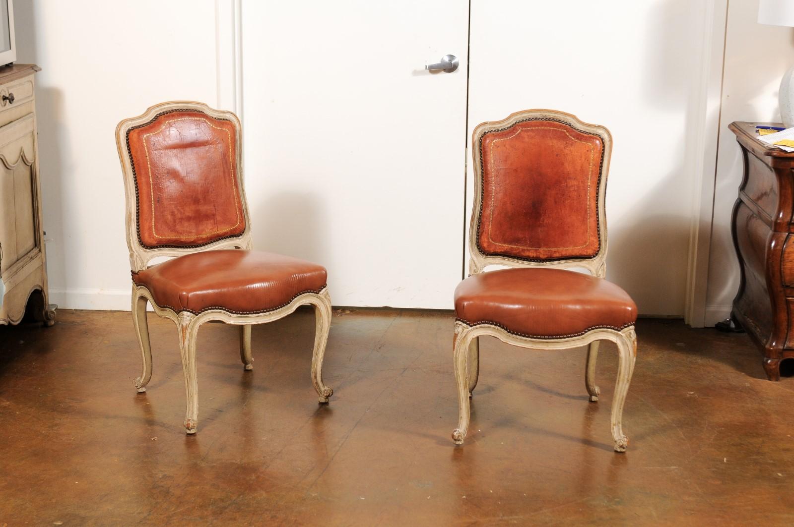Carved Set of Six French Louis XV Style Shield-Back Dining Chairs with Brown Leather