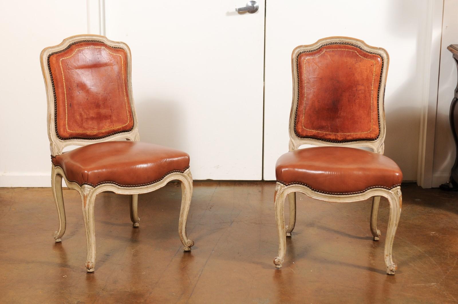 Set of Six French Louis XV Style Shield-Back Dining Chairs with Brown Leather In Good Condition In Atlanta, GA