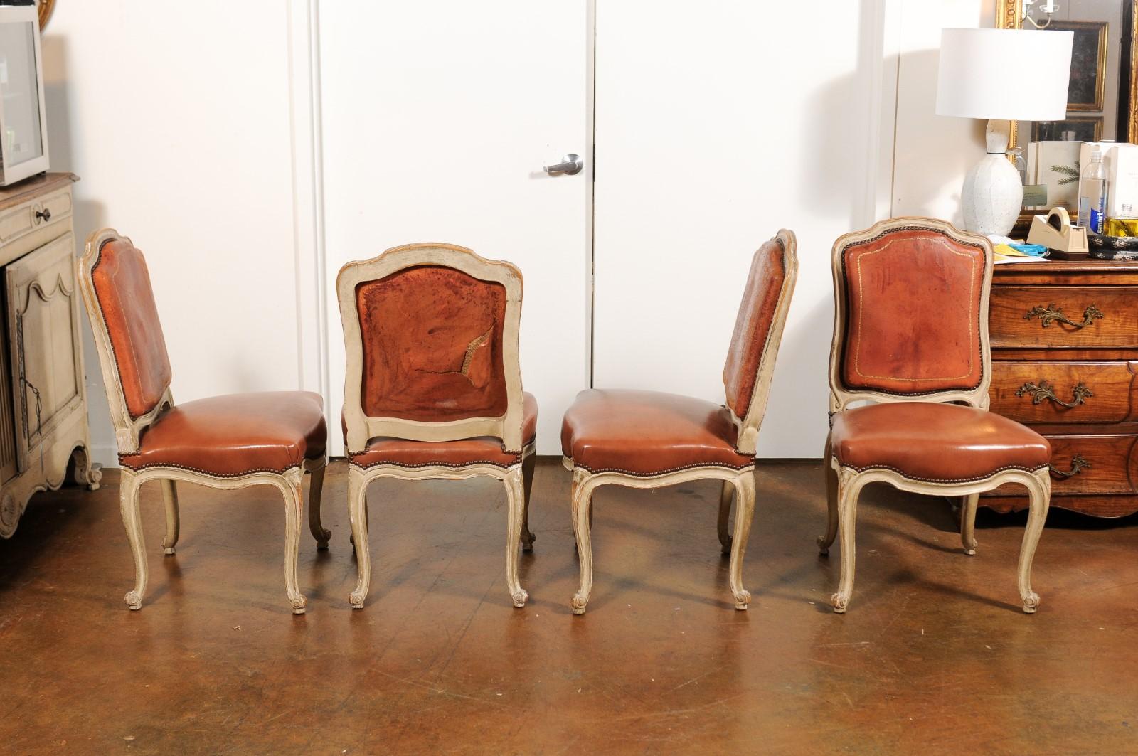 19th Century Set of Six French Louis XV Style Shield-Back Dining Chairs with Brown Leather