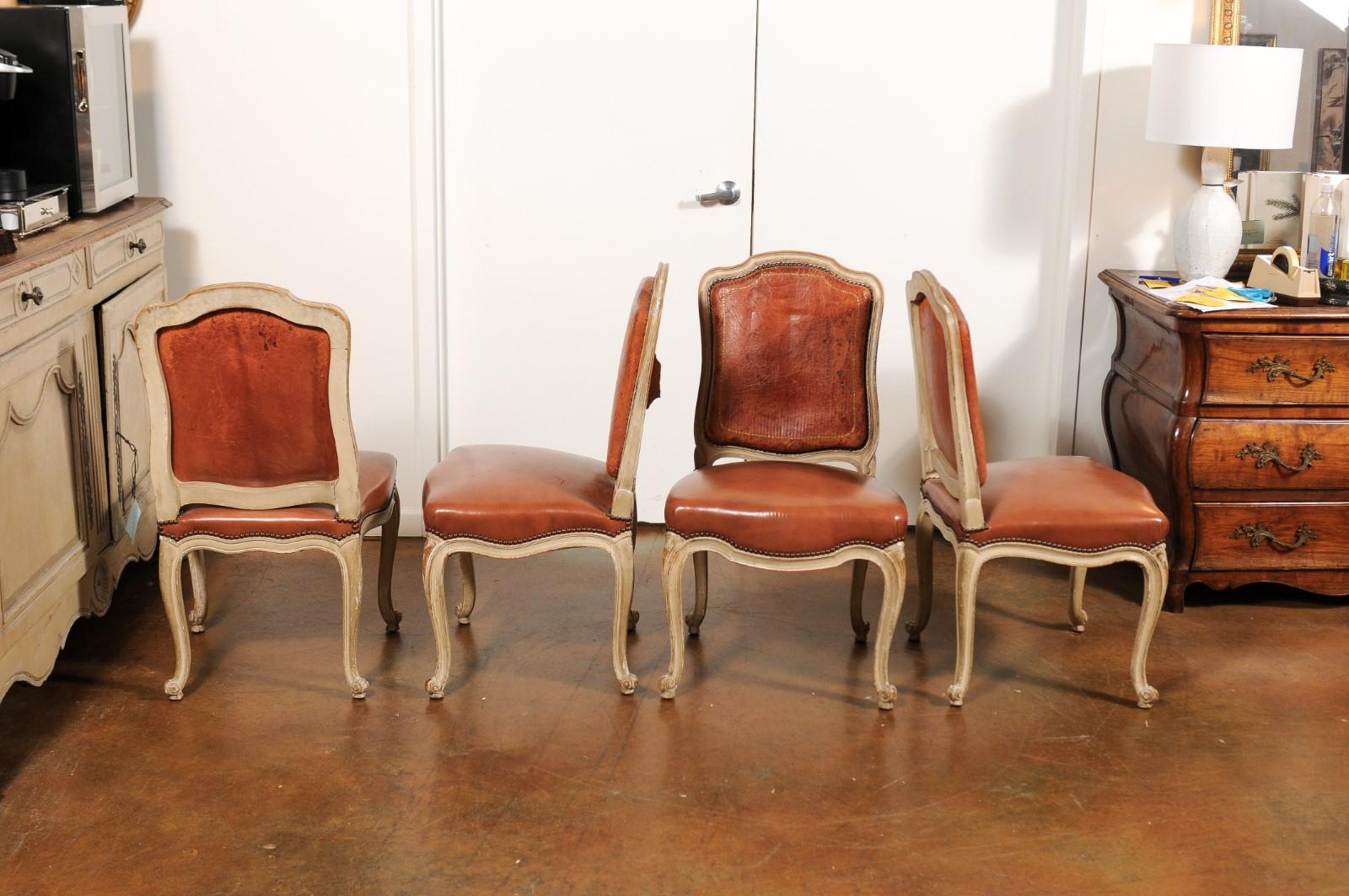 Set of Six French Louis XV Style Shield-Back Dining Chairs with Brown Leather 1
