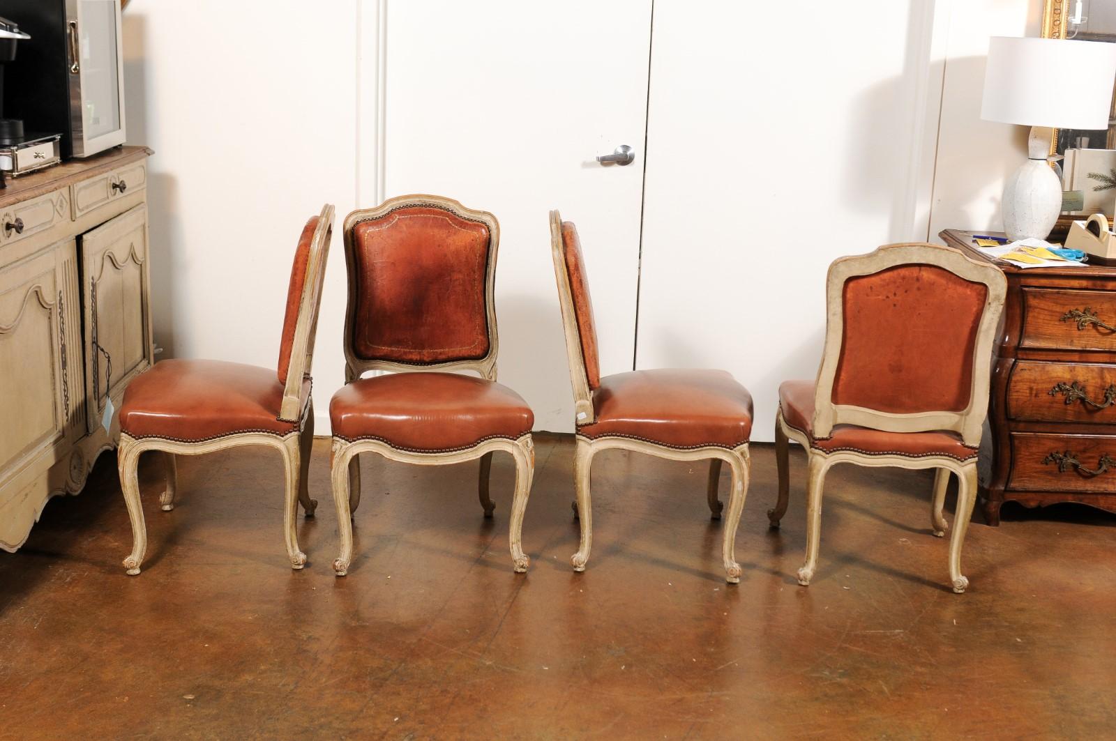 Set of Six French Louis XV Style Shield-Back Dining Chairs with Brown Leather 2