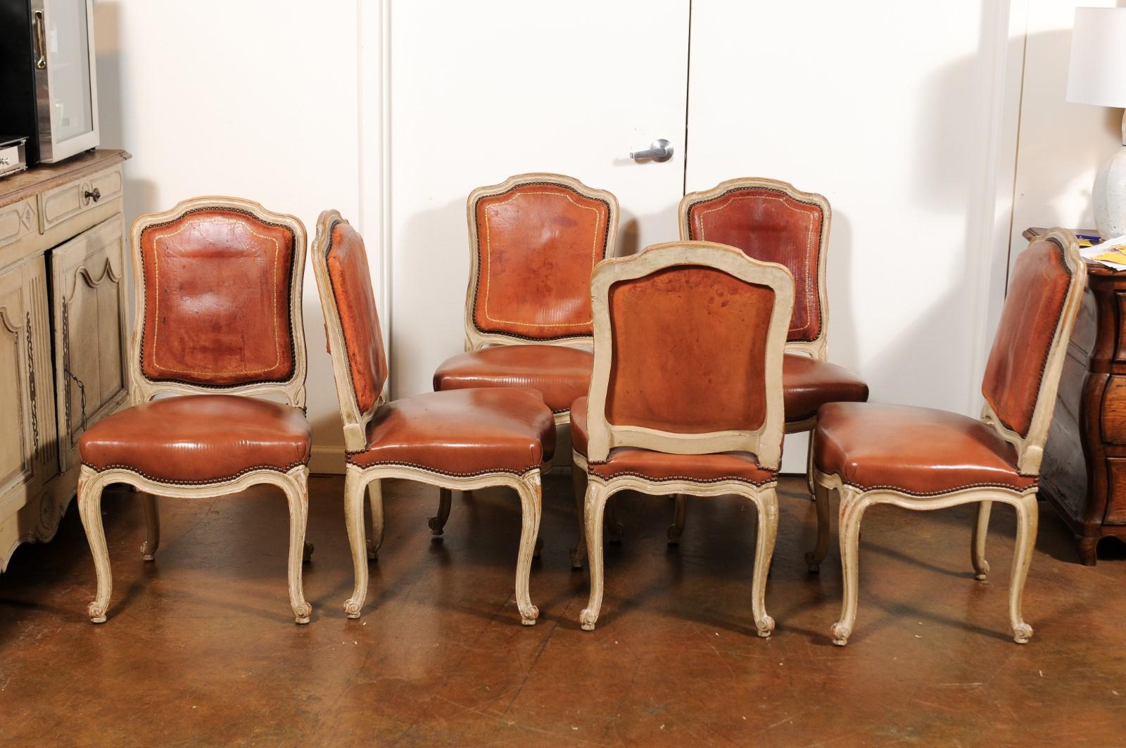 Set of Six French Louis XV Style Shield-Back Dining Chairs with Brown Leather 4