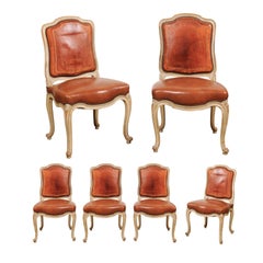 Antique Set of Six French Louis XV Style Shield-Back Dining Chairs with Brown Leather