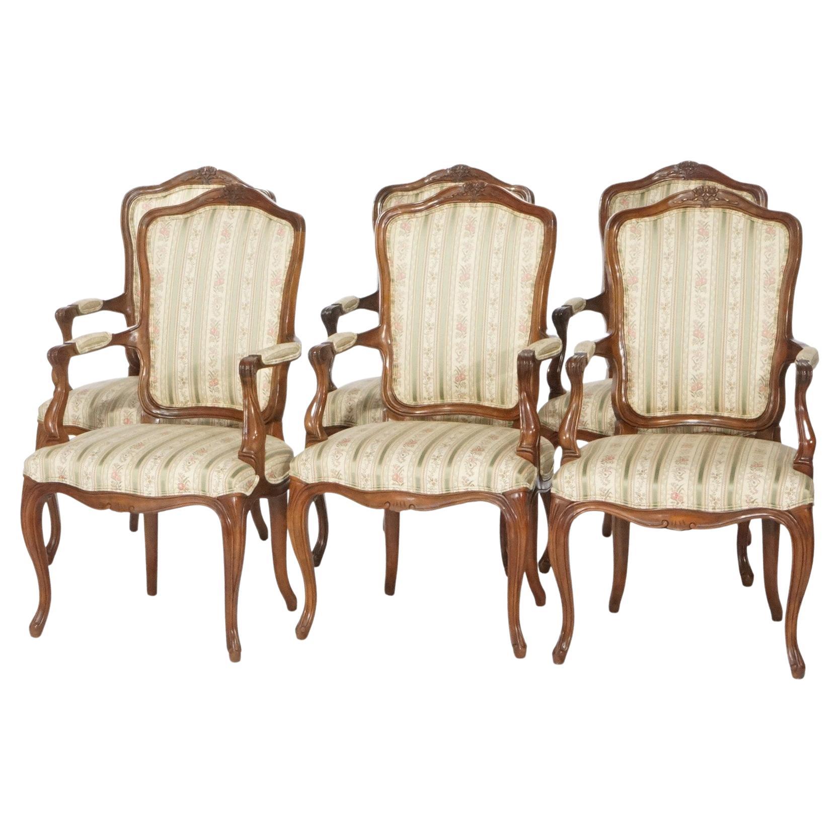 Set of Six French Louis XV Style Walnut Arm Chairs by Kindel, 20th Century For Sale