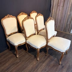 Set of Six French Louis XV Walnut Dining Chairs with Gilt & New Upholstery