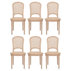 Ensemble de six chaises cannées françaises de style Louis XVI, avec toutes les pièces de patine d'origine