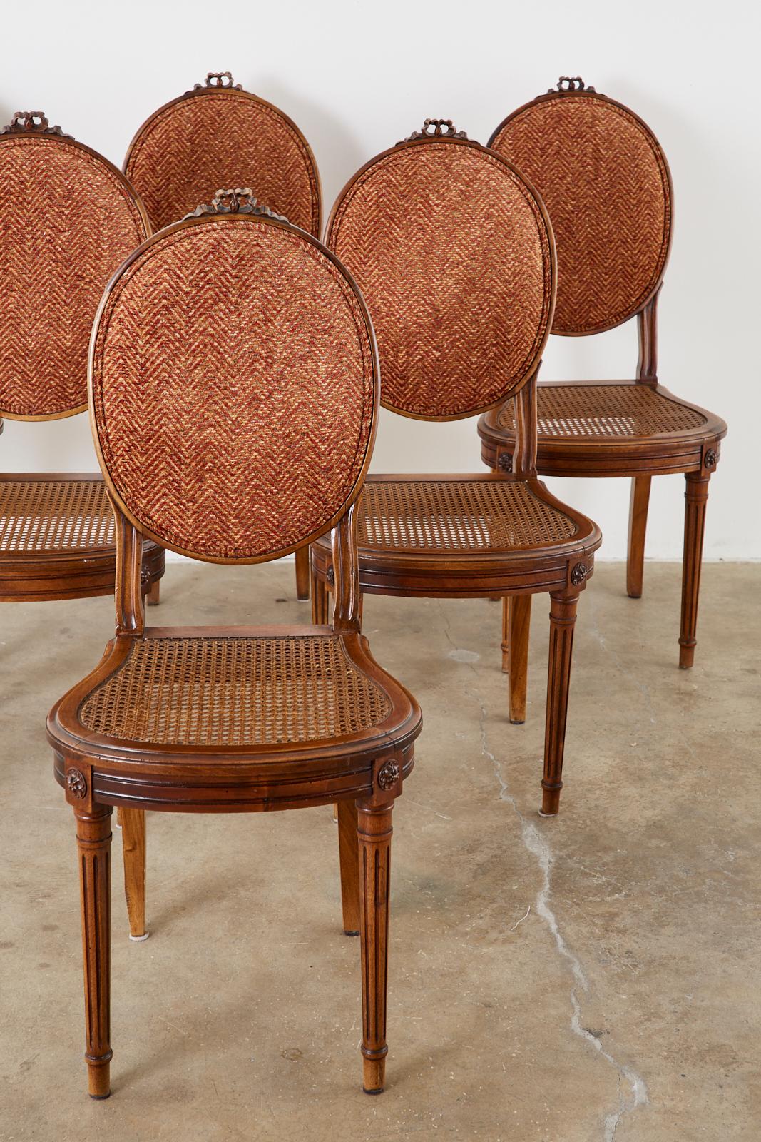 Fabric Set of Six French Louis XVI Style Caned Dining Chairs