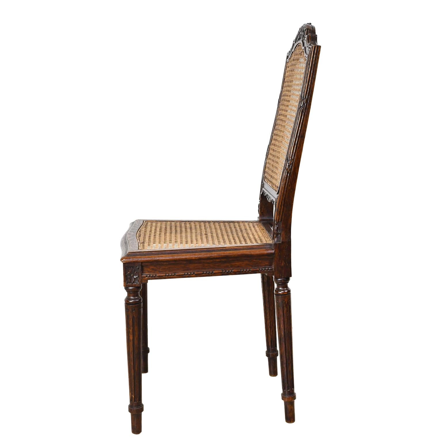 Turned Set of Six Antique French Louis XVI Style Chairs in Oak w Woven Cane Seat & Back For Sale
