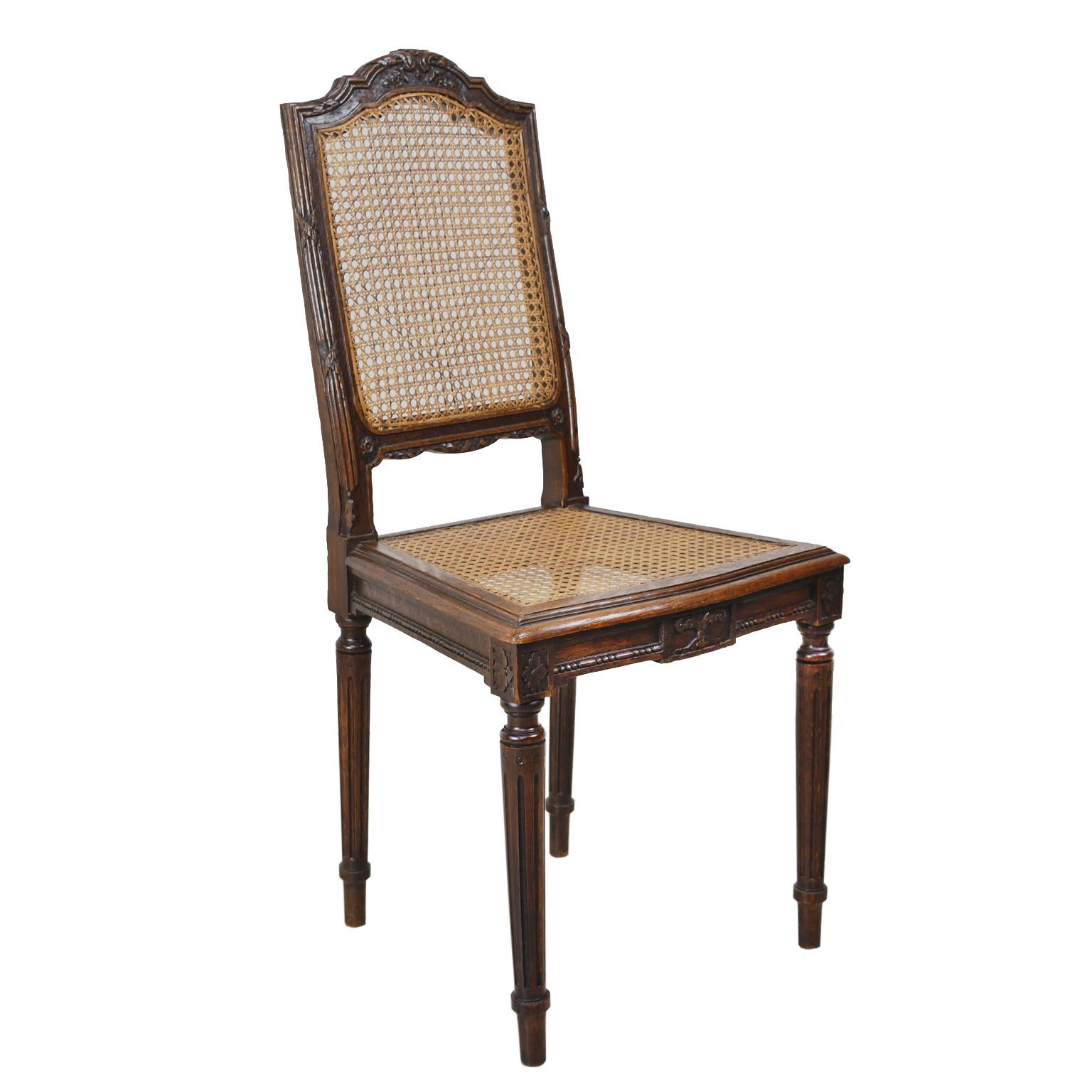 Set of Six Antique French Louis XVI Style Chairs in Oak w Woven Cane Seat & Back For Sale 3