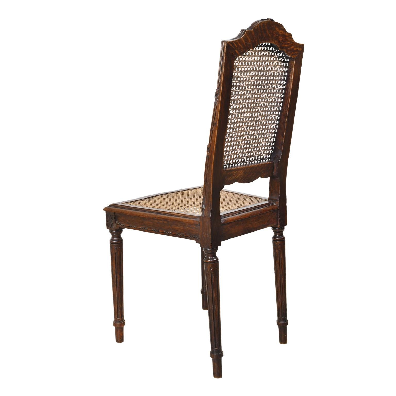 Set of Six Antique French Louis XVI Style Chairs in Oak w Woven Cane Seat & Back In Good Condition For Sale In Miami, FL