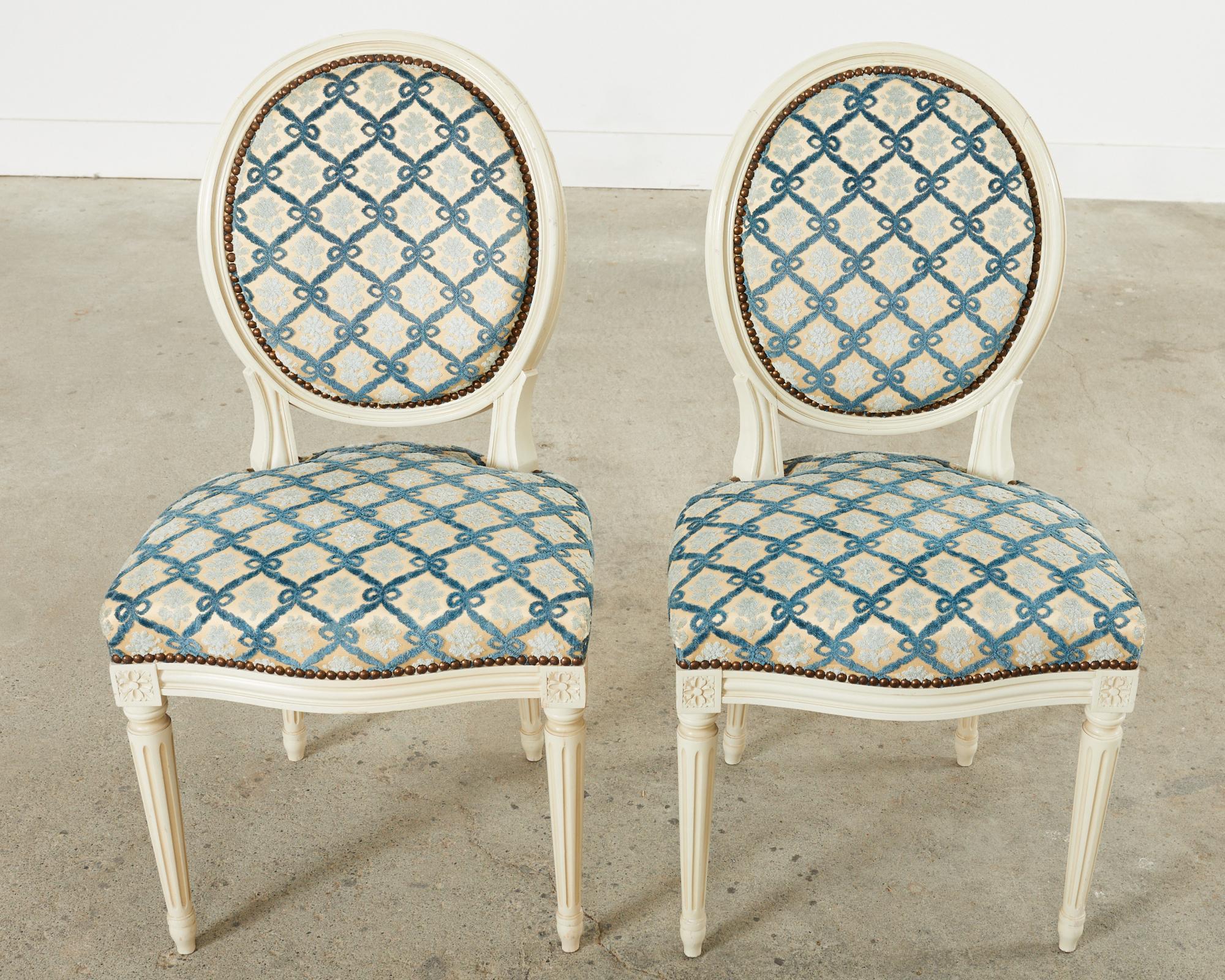 Brass Set of Six French Louis XVI Style Painted Dining Chairs For Sale