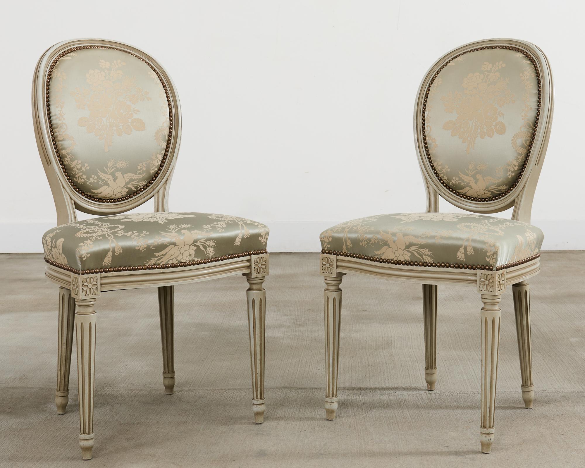 Brass Set of Six French Louis XVI Style Painted Dining Chairs For Sale