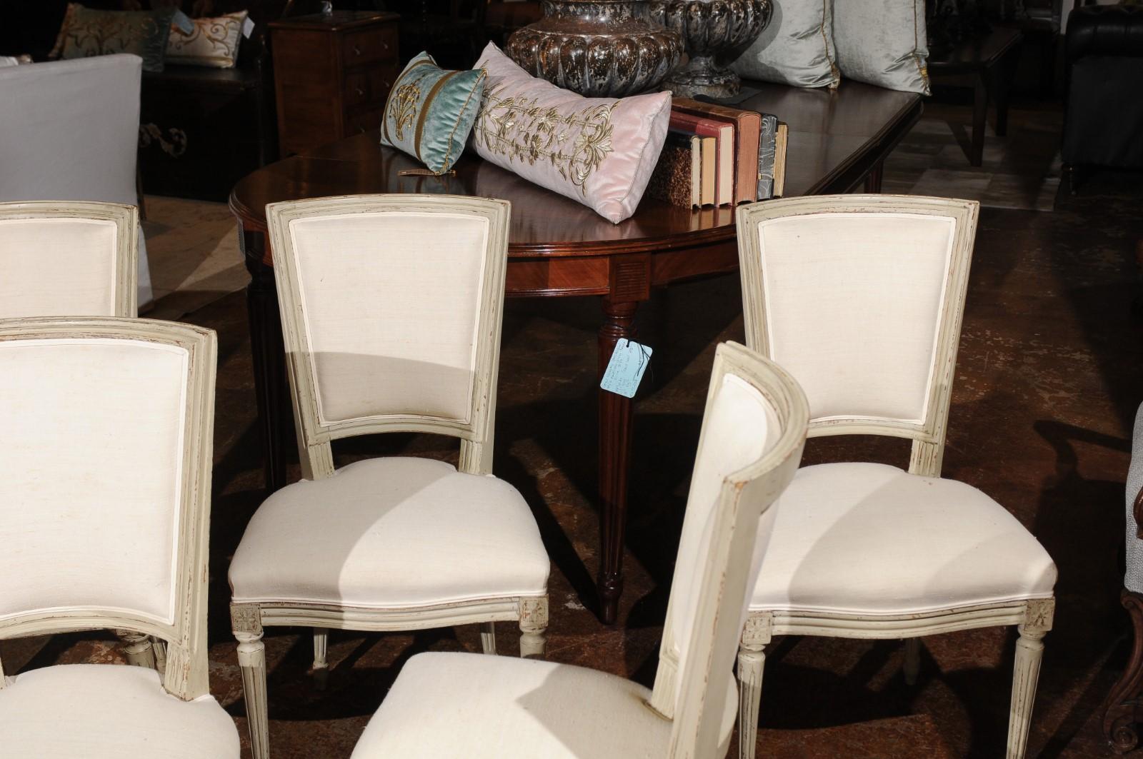 Set of Six French Louis XVI Style Painted Dining Chairs with Linen Upholstery 6