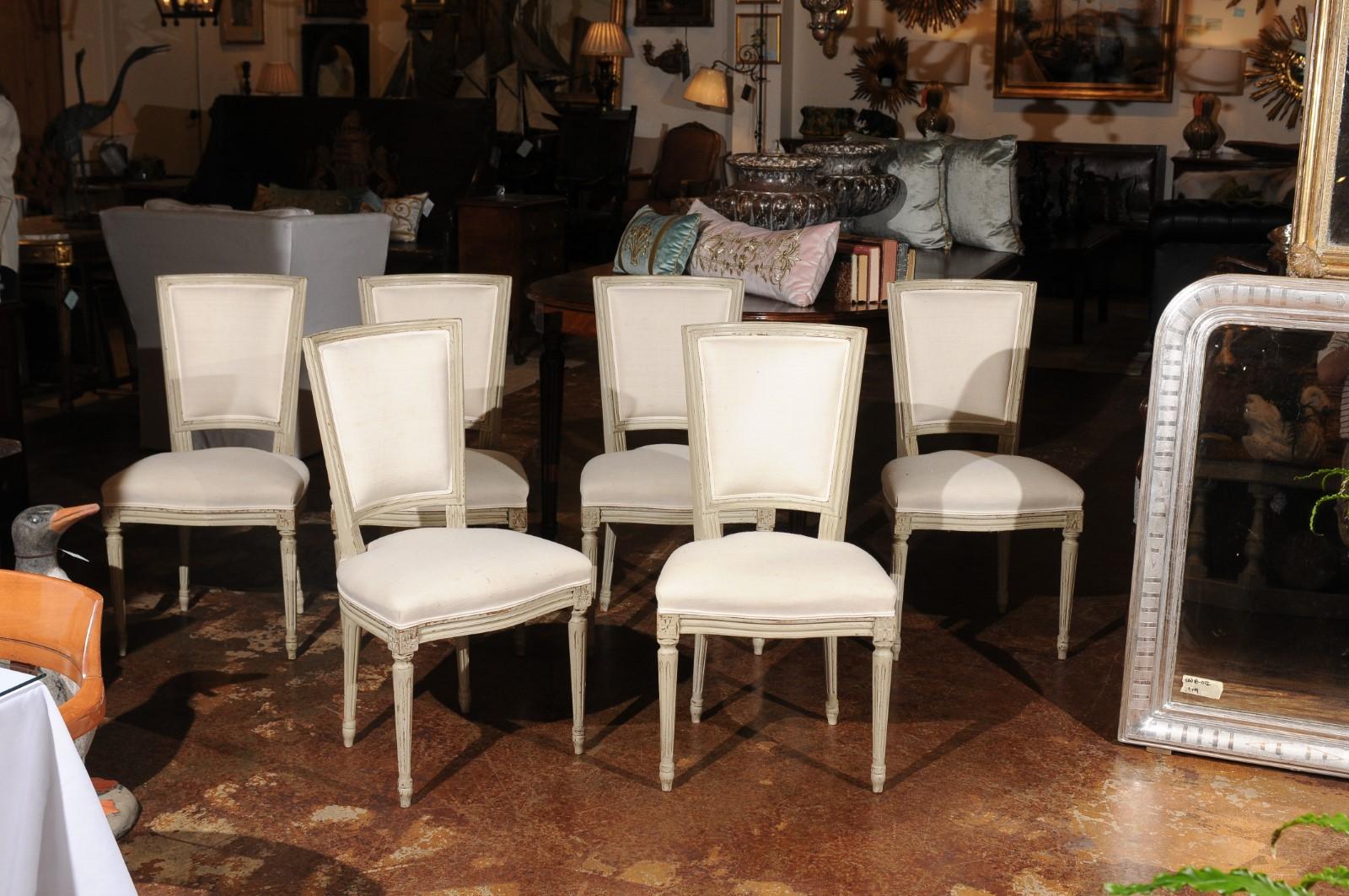 Hand-Painted Set of Six French Louis XVI Style Painted Dining Chairs with Linen Upholstery
