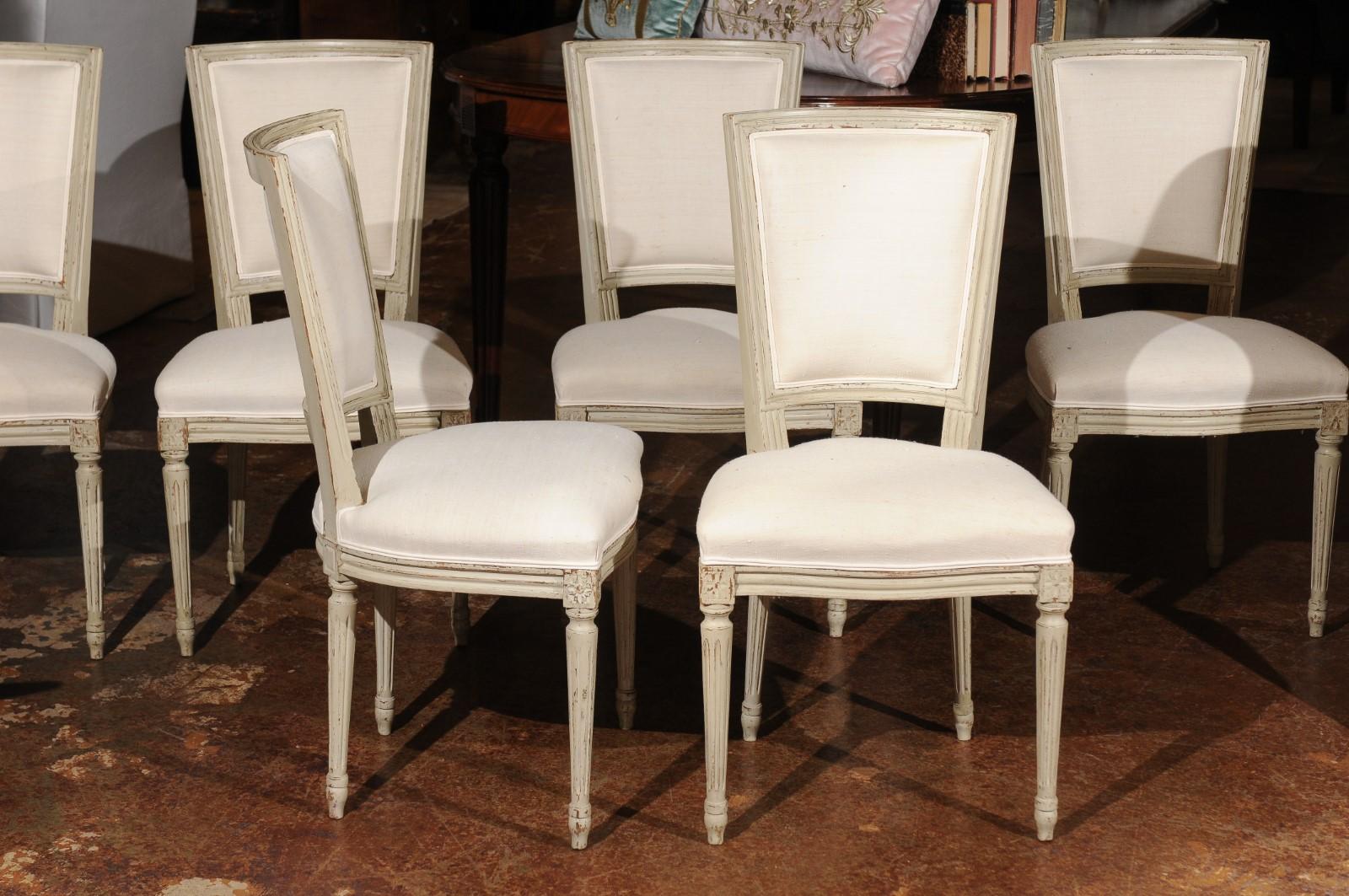 Set of Six French Louis XVI Style Painted Dining Chairs with Linen Upholstery In Good Condition In Atlanta, GA