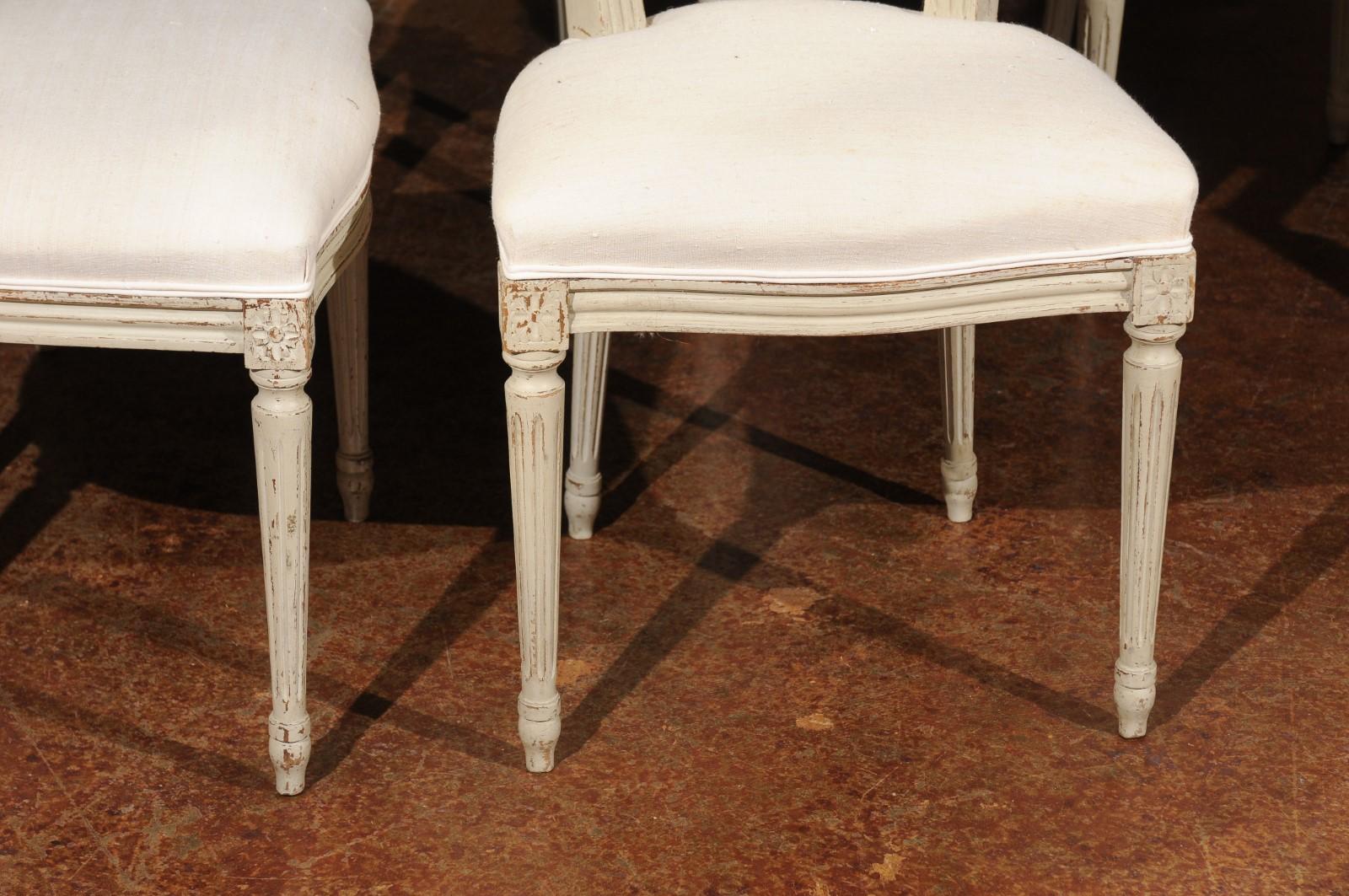 20th Century Set of Six French Louis XVI Style Painted Dining Chairs with Linen Upholstery