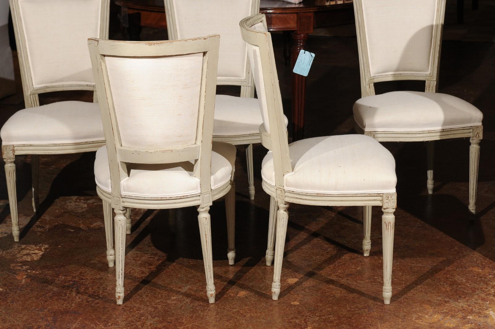Wood Set of Six French Louis XVI Style Painted Dining Chairs with Linen Upholstery