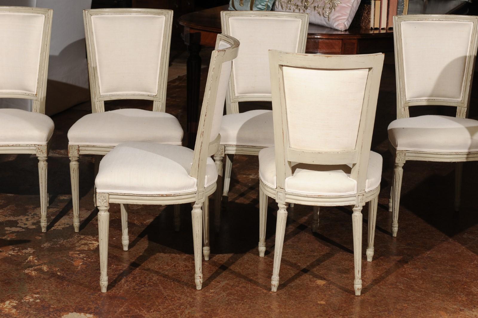 Set of Six French Louis XVI Style Painted Dining Chairs with Linen Upholstery 1