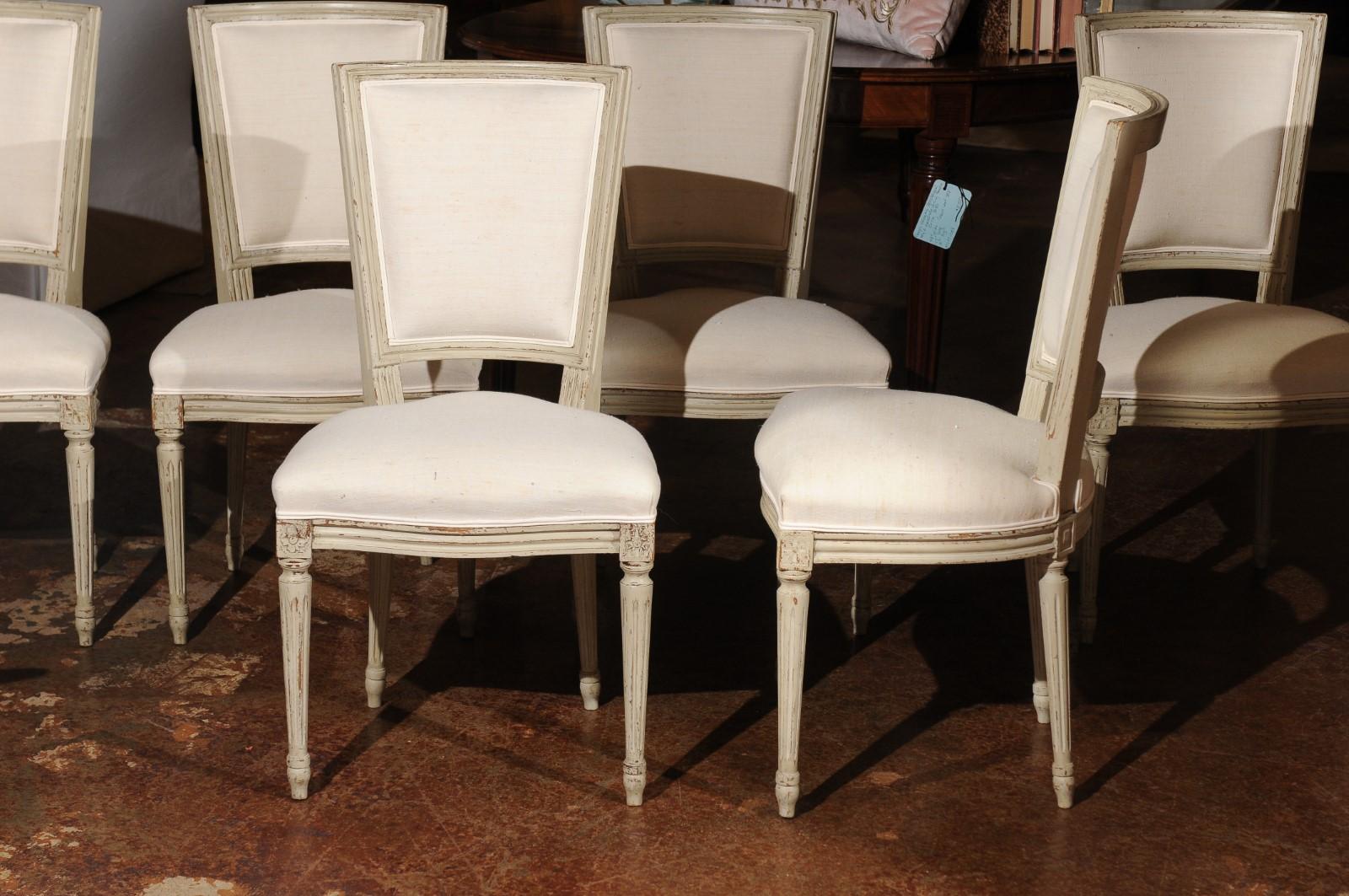 Set of Six French Louis XVI Style Painted Dining Chairs with Linen Upholstery 2