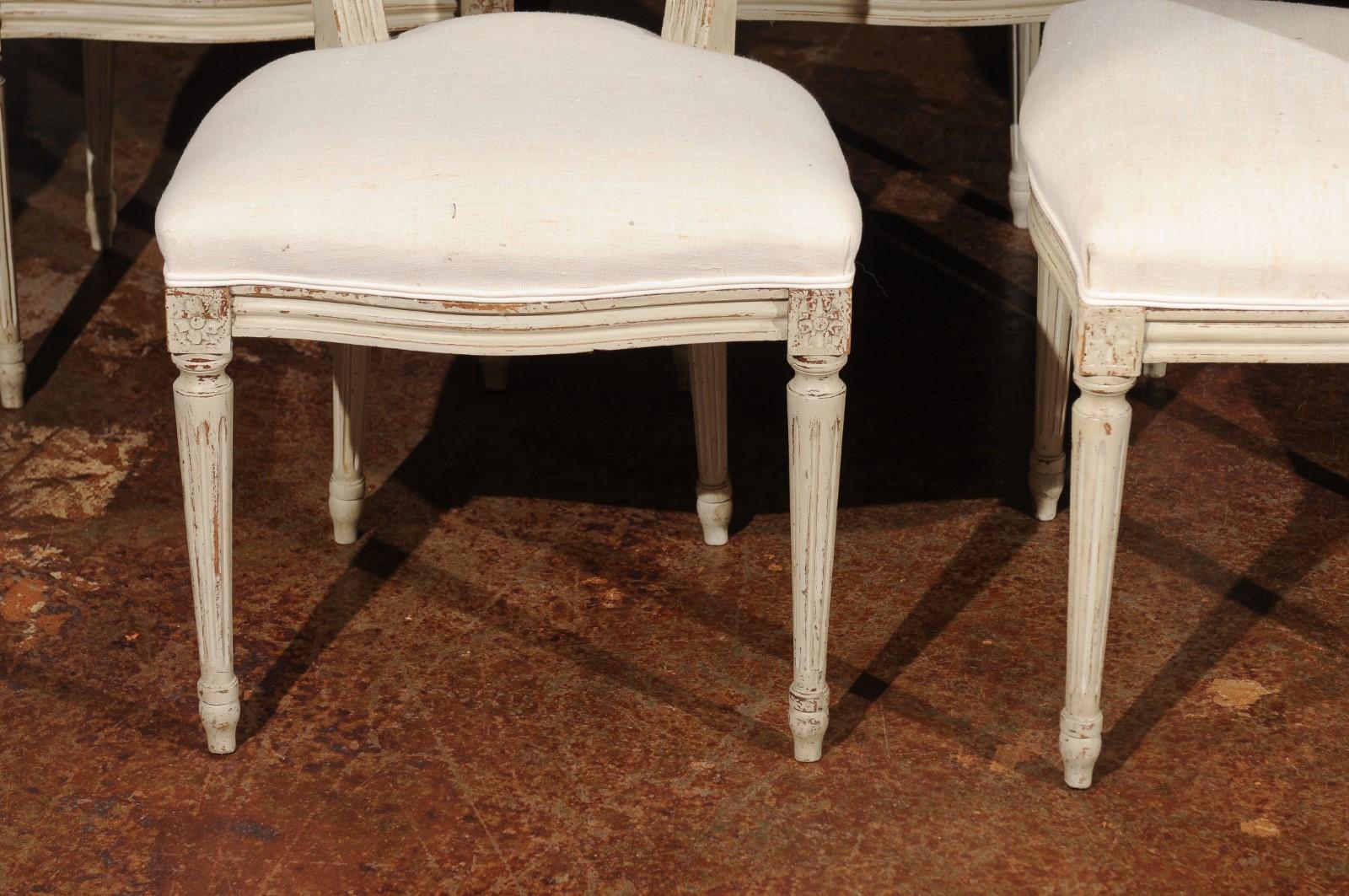 Set of Six French Louis XVI Style Painted Dining Chairs with Linen Upholstery 3