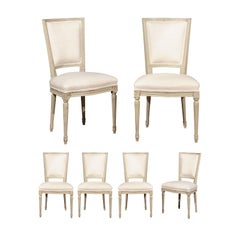 Set of Six French Louis XVI Style Painted Dining Chairs with Linen Upholstery