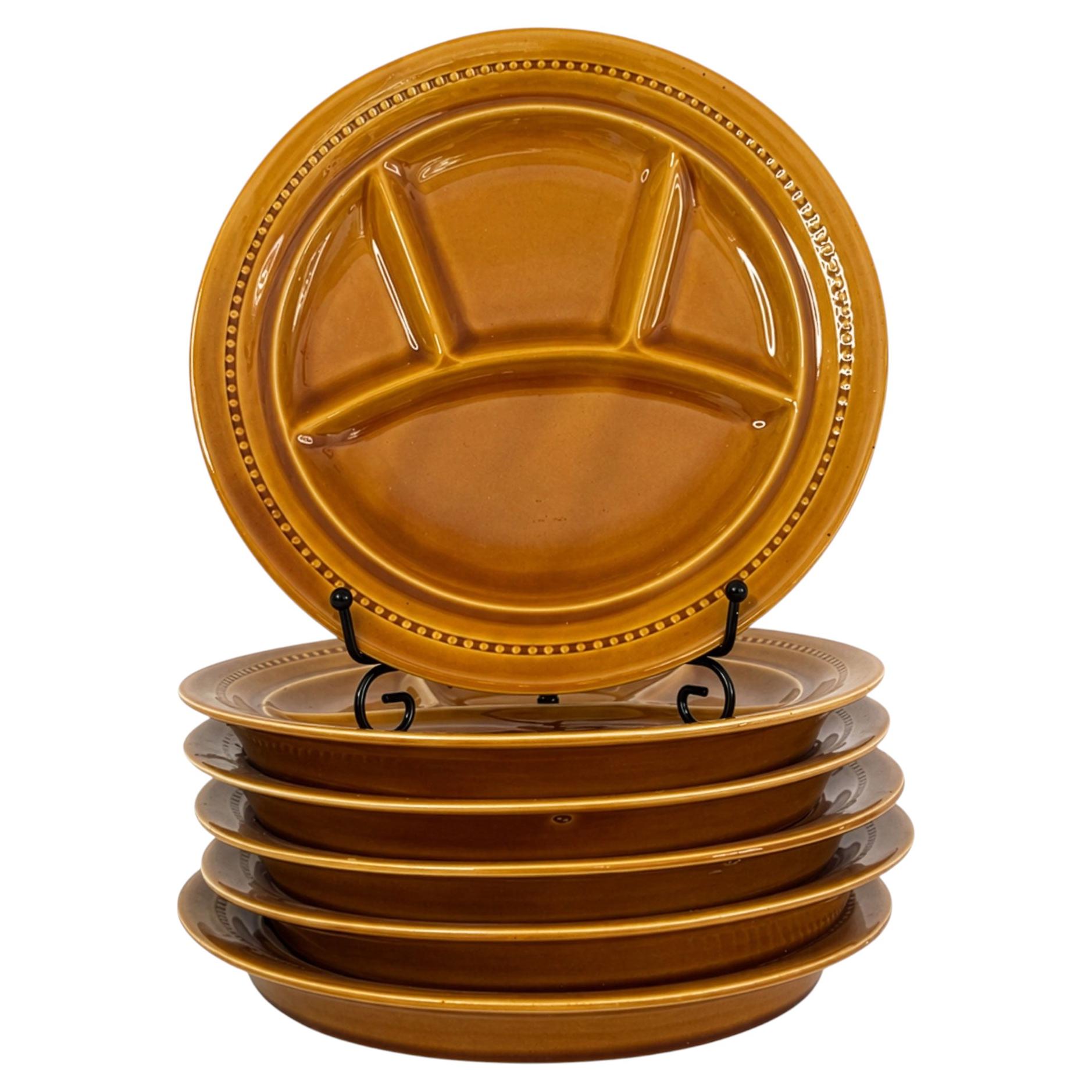 Set of Six French Lunéville Fondue Plates with Amber Glaze, 1960