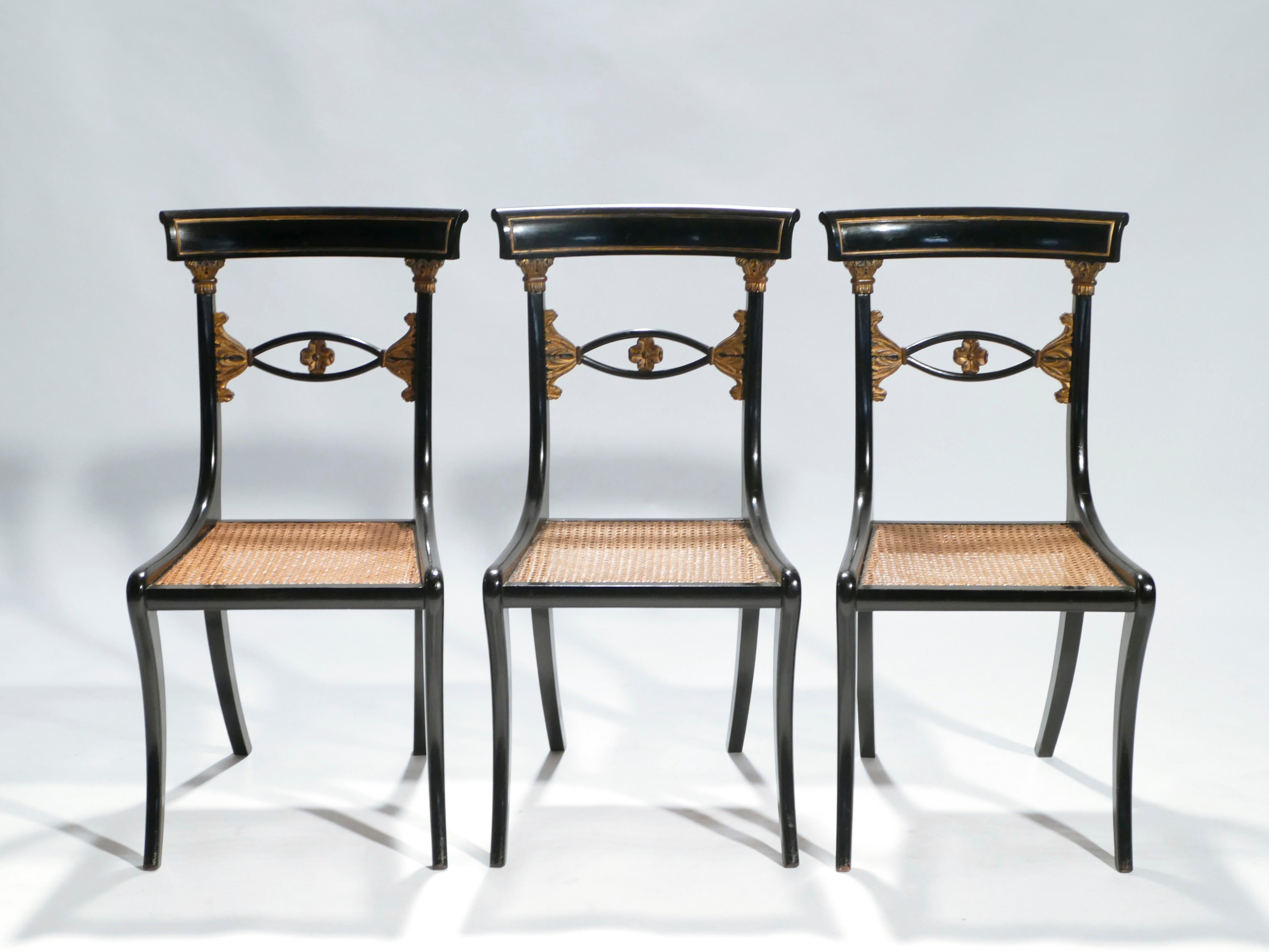 Mid-Century Modern Set of Six French Maison Jansen Ebonized Chairs Directoire Style, 1940s