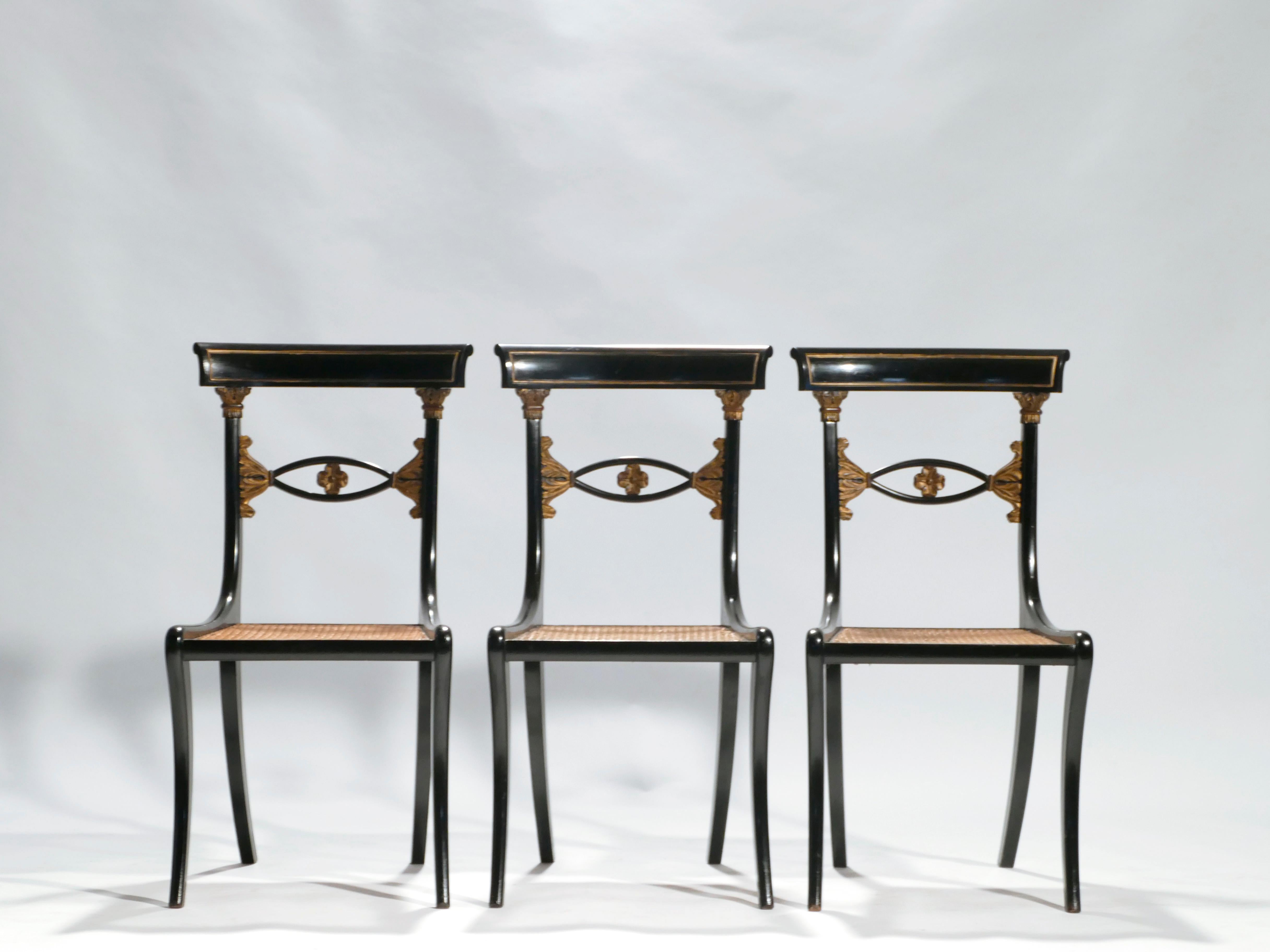 Mid-20th Century Set of Six French Maison Jansen Ebonized Chairs Directoire Style, 1940s