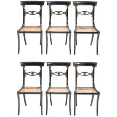 Set of Six French Maison Jansen Ebonized Chairs Directoire Style, 1940s