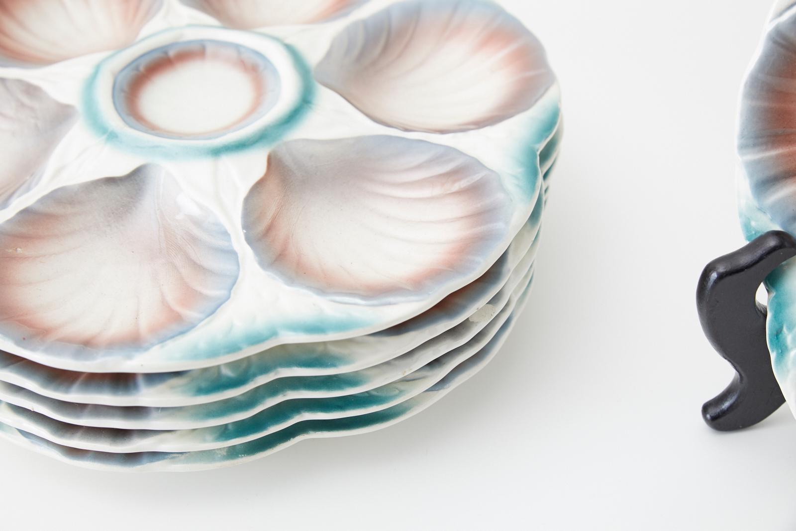 Set of Six French Majolica Pastel Shell Oyster Plates In Good Condition In Rio Vista, CA