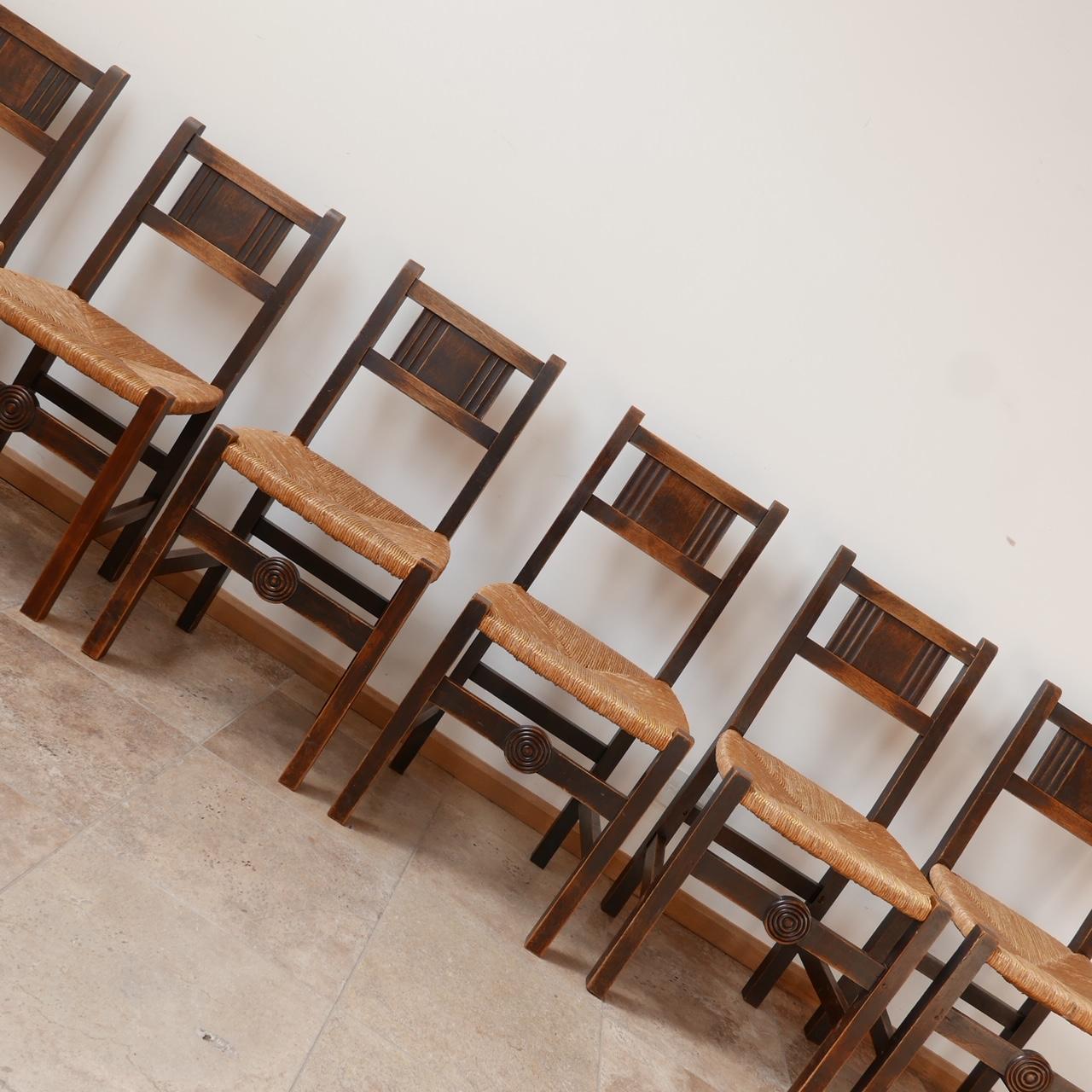 Rush Set of Six French Mid-Century Dining Chairs in manner of Charles Dudouyt