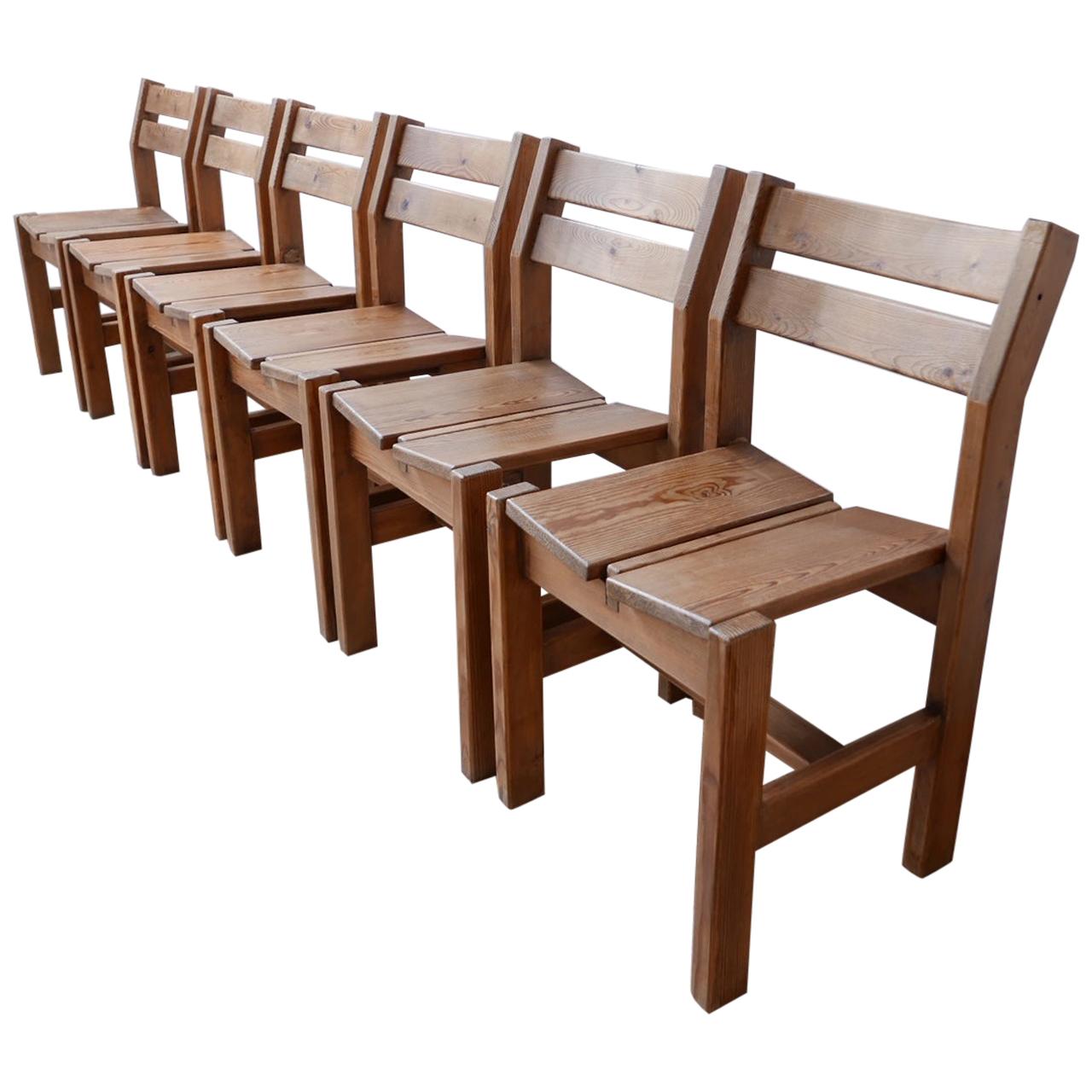 Set of Six French Midcentury Wooden Dining Chairs for Les Arcs