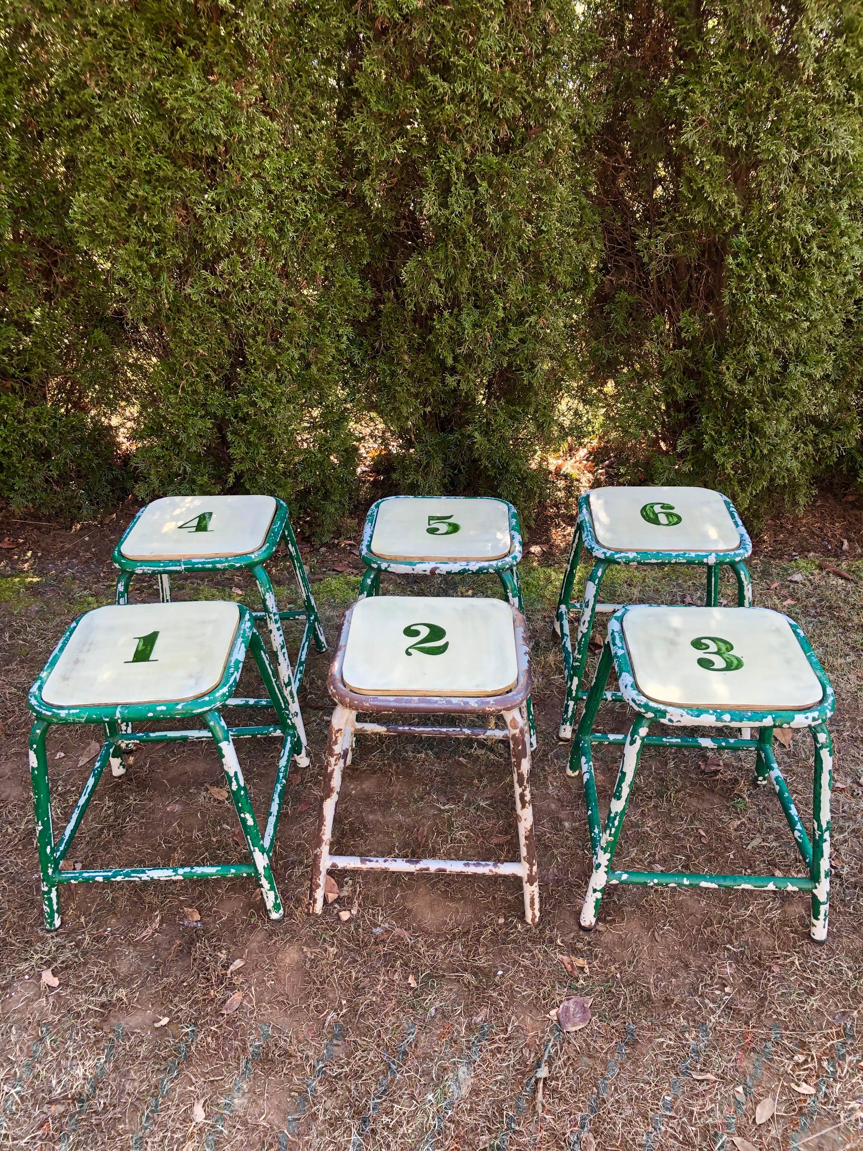 We thought these stools too whimsical and versatile to pass up on our latest buying trip. With frames made from tubular steel by the famous French maker, Tolix, the seats have been replaced with a heavy wood laminate and painted and stenciled with