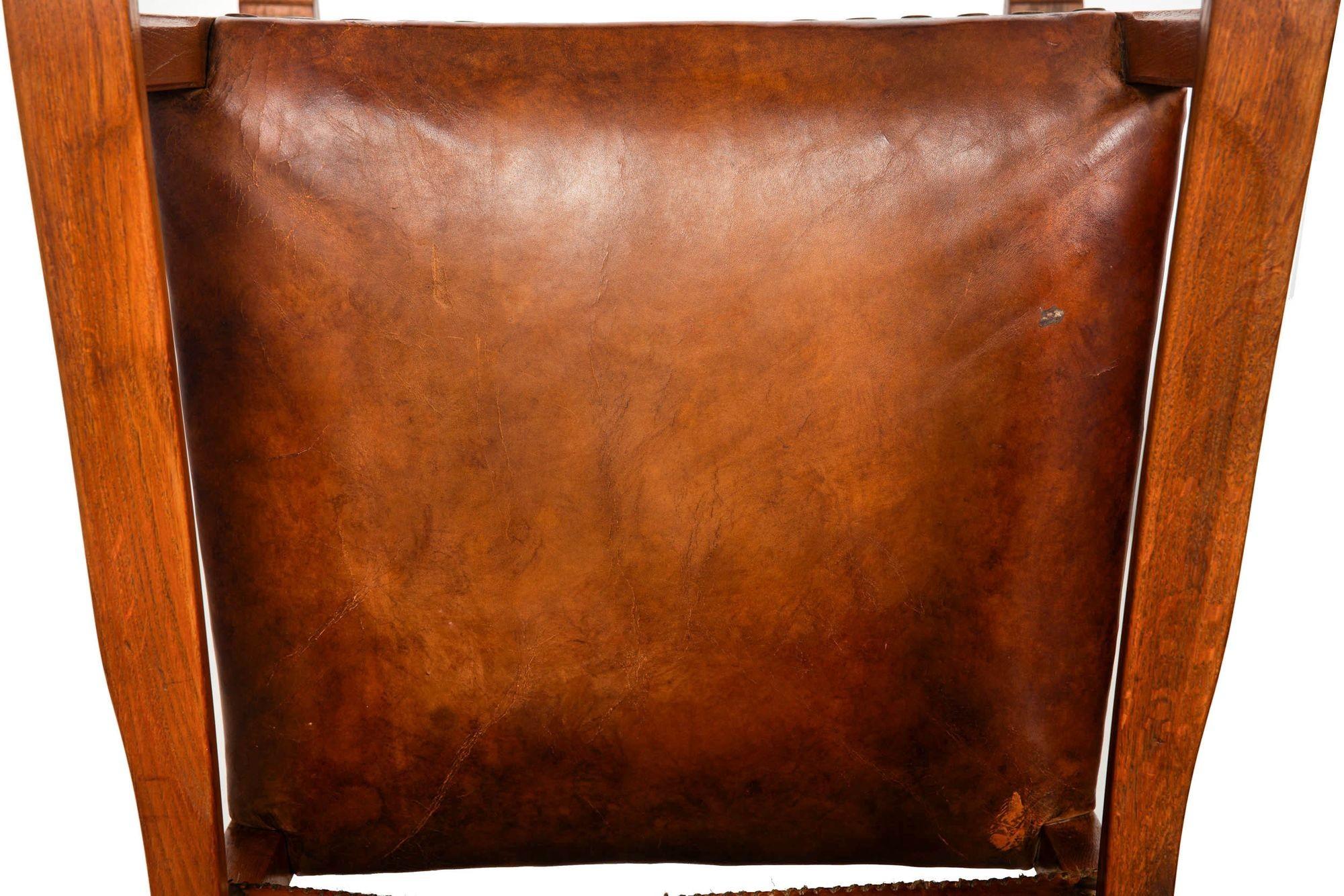 Set of Six French Oak and Stitched Leather Chairs For Sale 14
