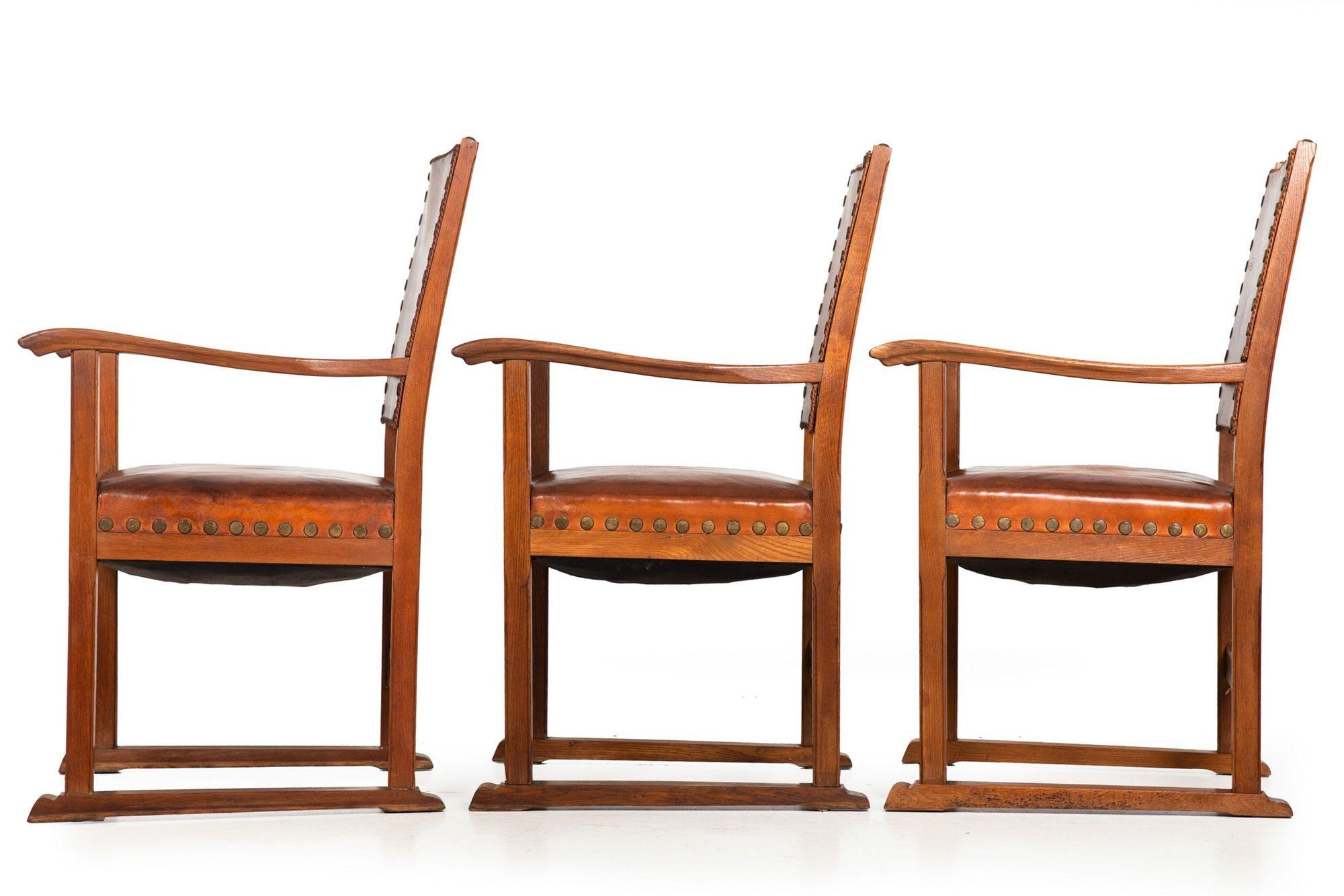20th Century Set of Six French Oak and Stitched Leather Chairs For Sale