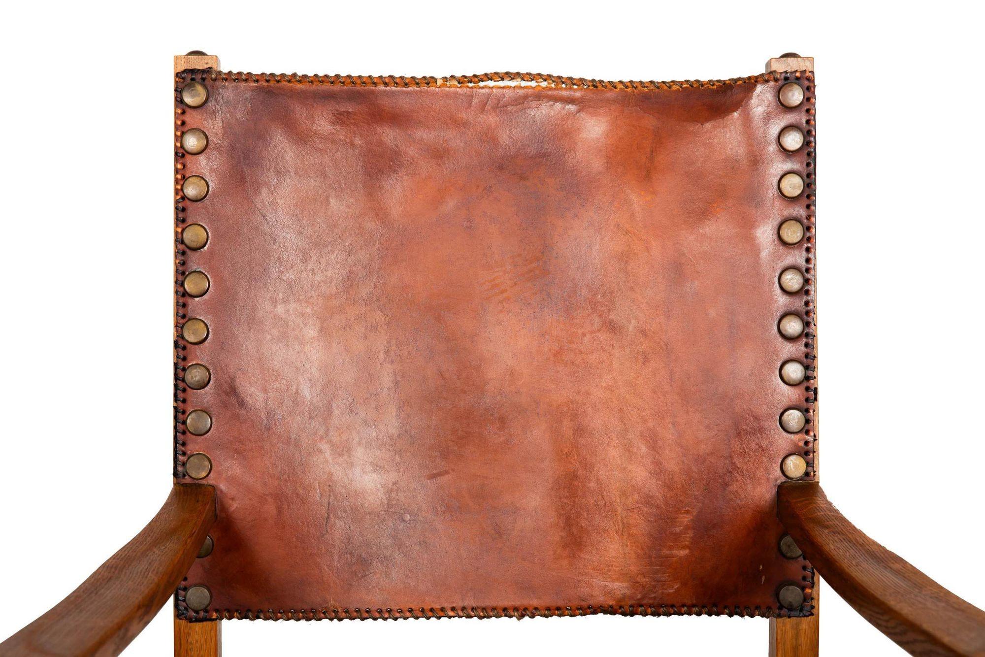 Set of Six French Oak and Stitched Leather Chairs For Sale 3