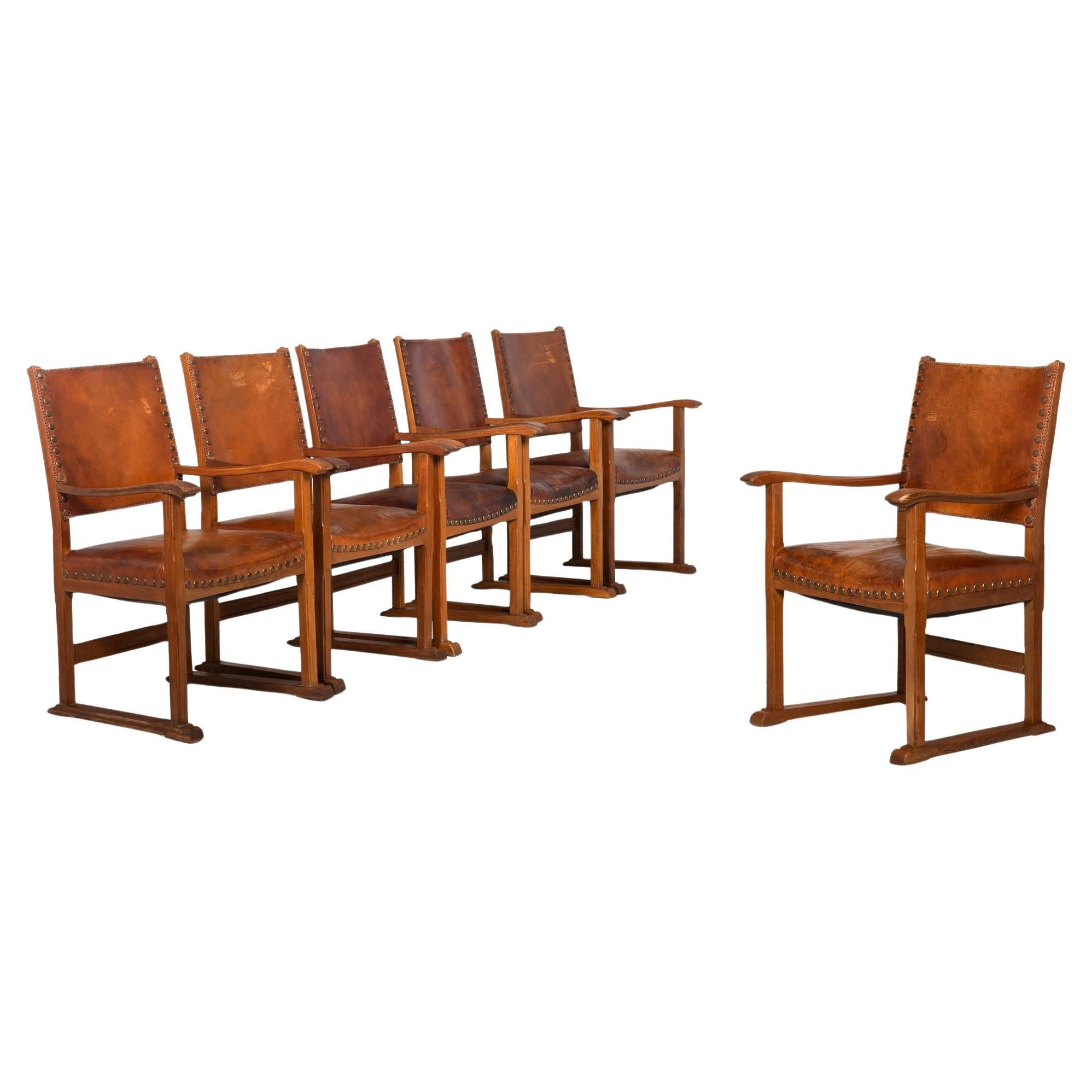 Set of Six French Oak and Stitched Leather Chairs For Sale