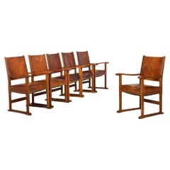 Set of Six French Oak and Stitched Leather Chairs