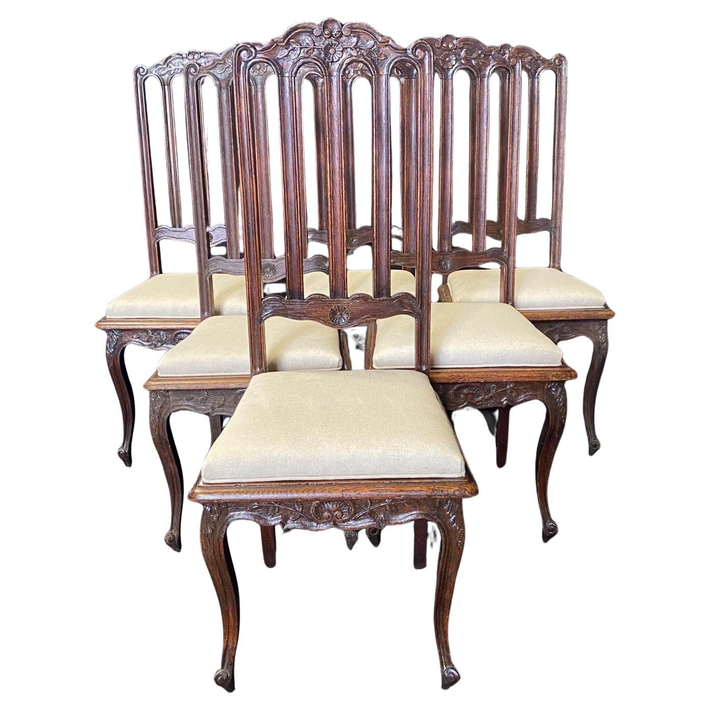 Set of Six French Oak Hand Carved 19th Century Dining Side Chairs For Sale