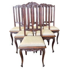 Antique Set of Six French Oak Hand Carved 19th Century Dining Side Chairs 