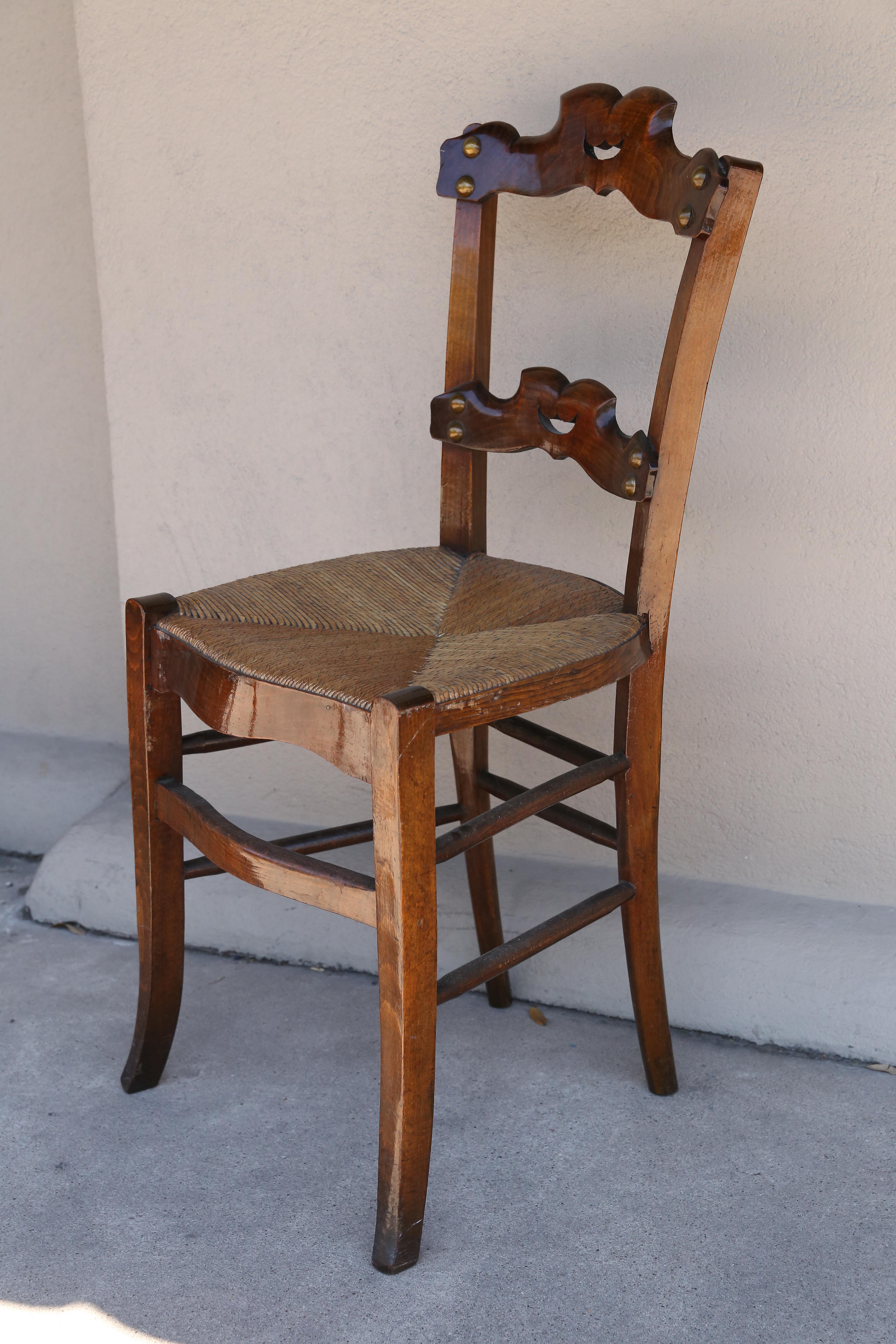 Set of Six French Oak Ornate Dining Chairs with Rush Seats, circa 1885 In Good Condition In Houston, TX