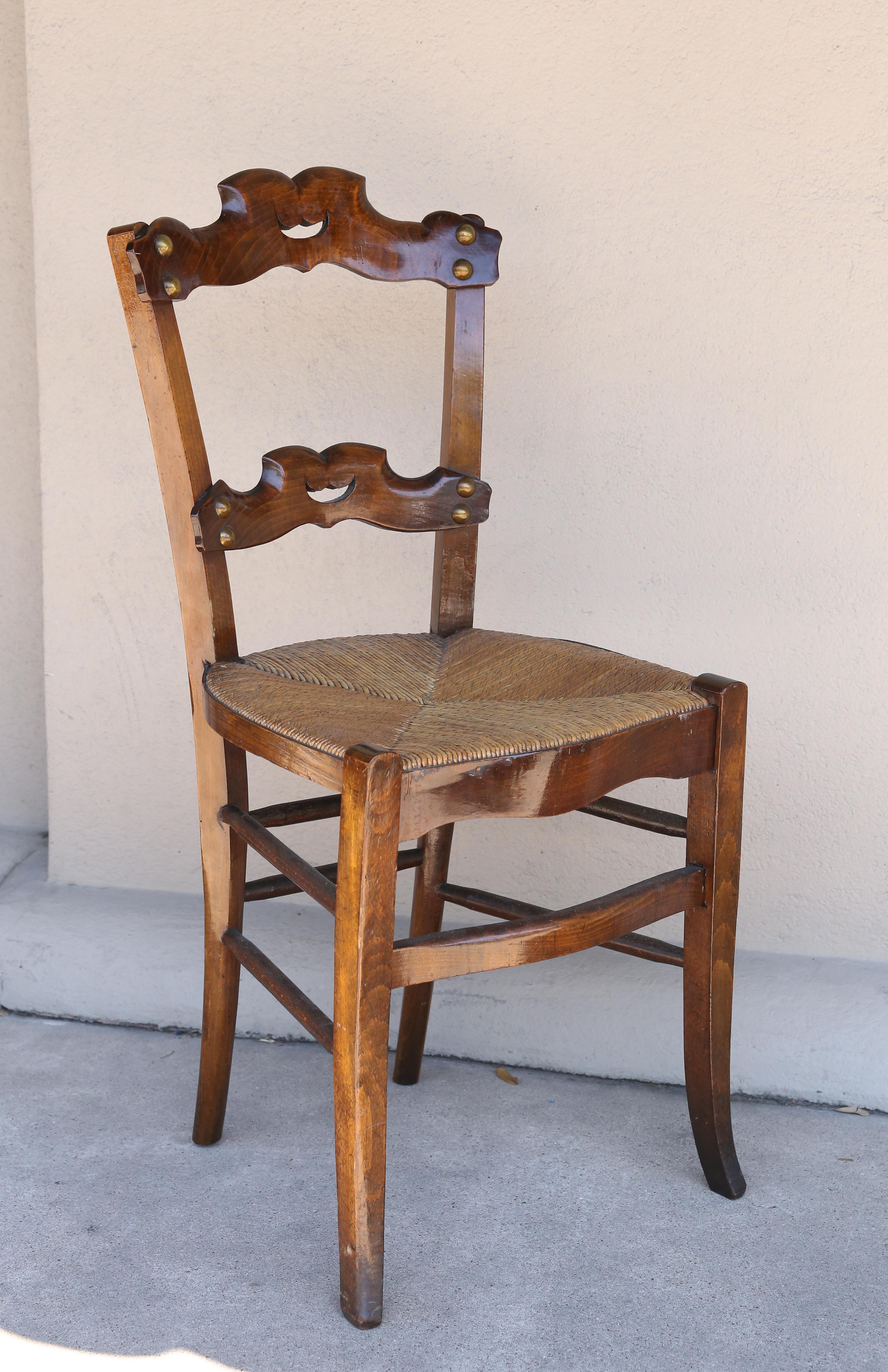 19th Century Set of Six French Oak Ornate Dining Chairs with Rush Seats, circa 1885