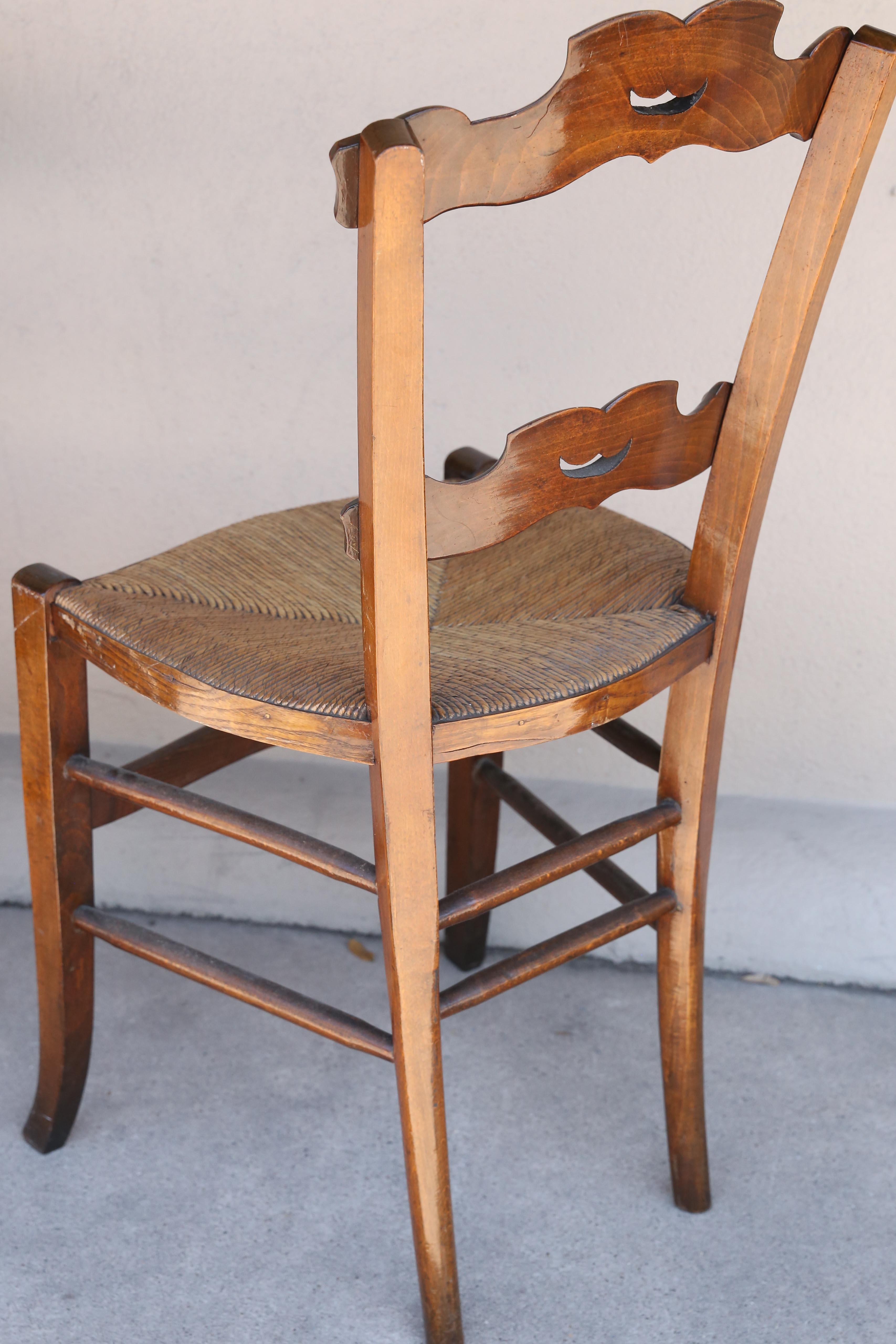 Set of Six French Oak Ornate Dining Chairs with Rush Seats, circa 1885 4
