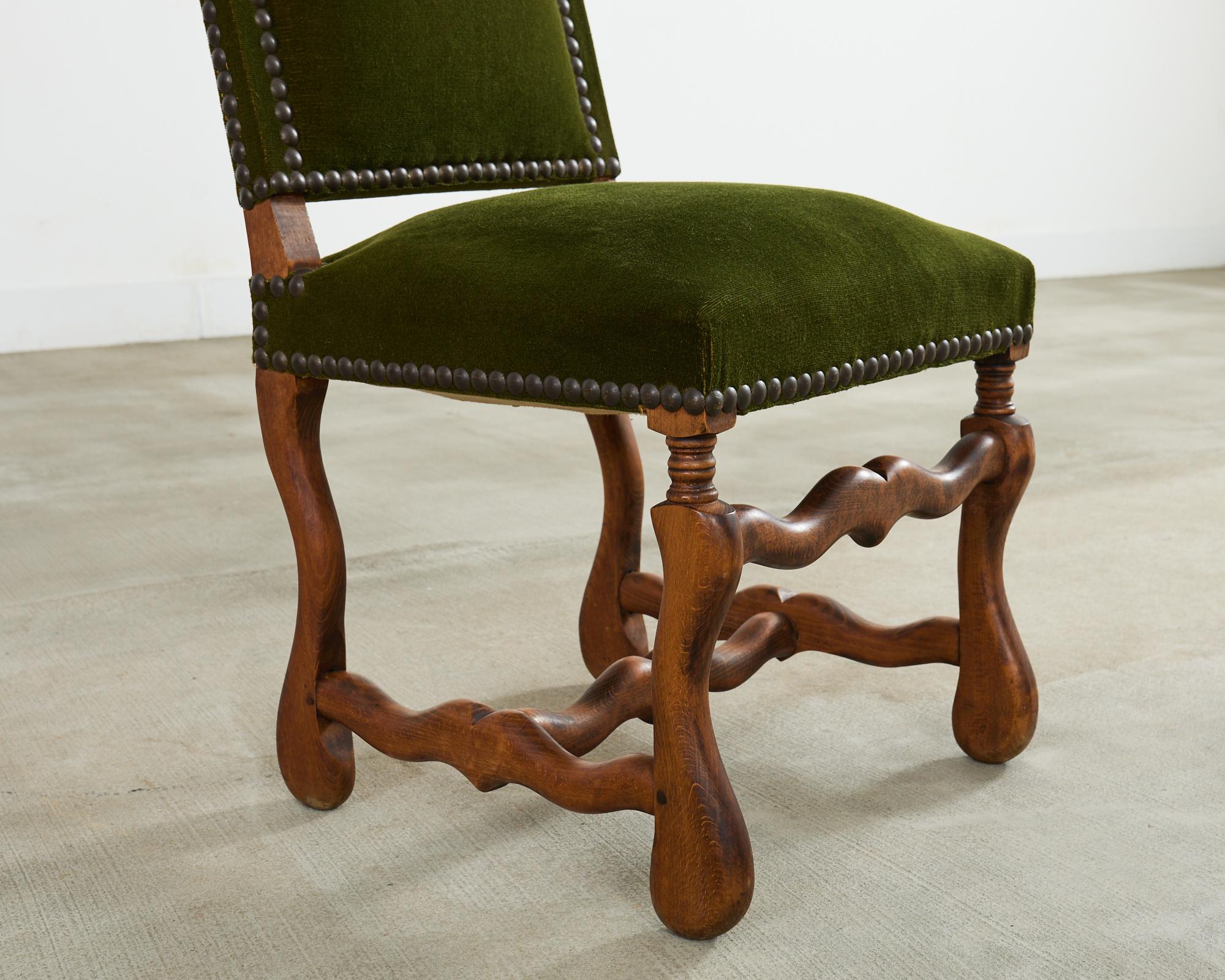 Set of Six French Os de Mouton Dining Chairs in Mohair Velvet For Sale 12