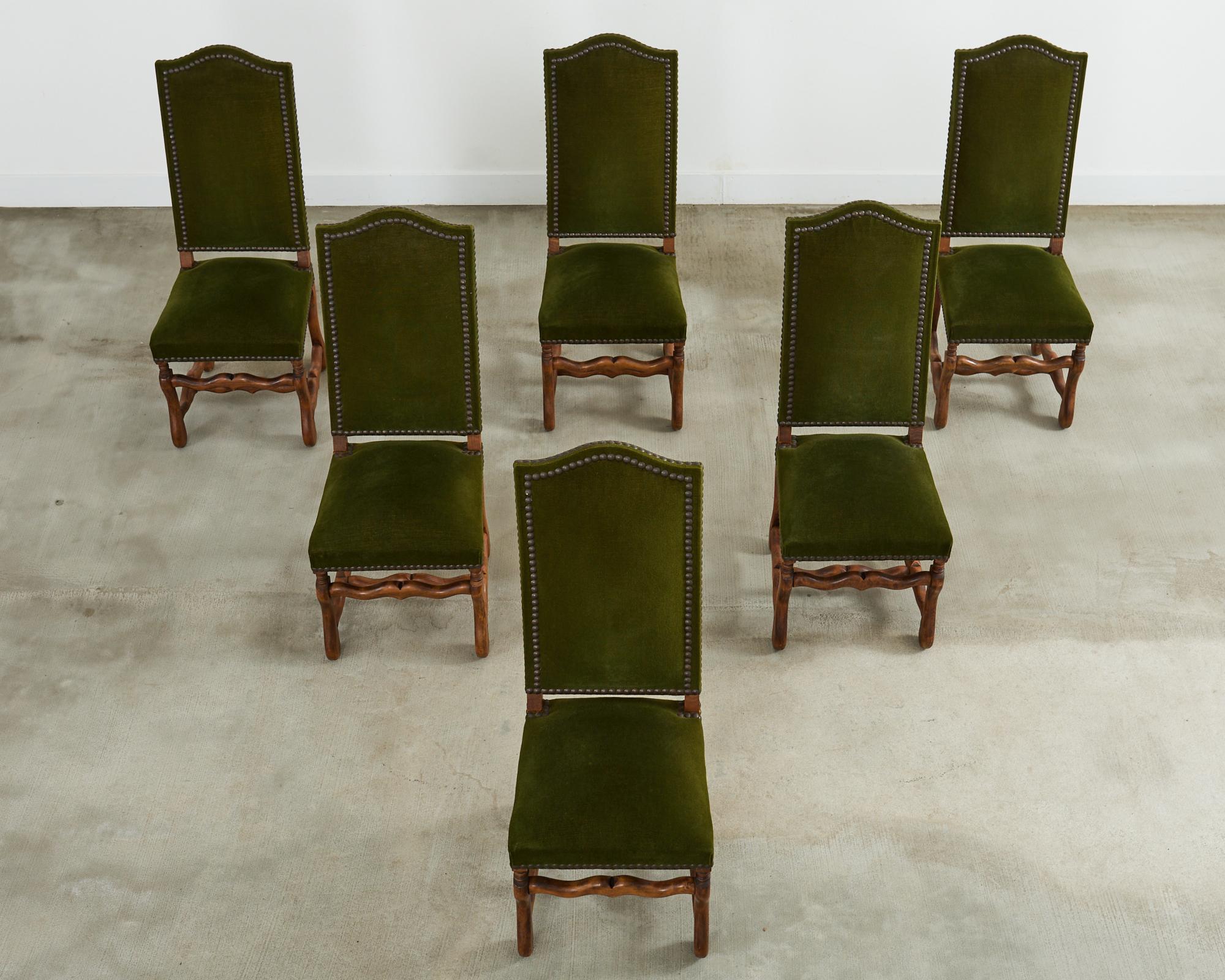 Baroque Set of Six French Os de Mouton Dining Chairs in Mohair Velvet For Sale