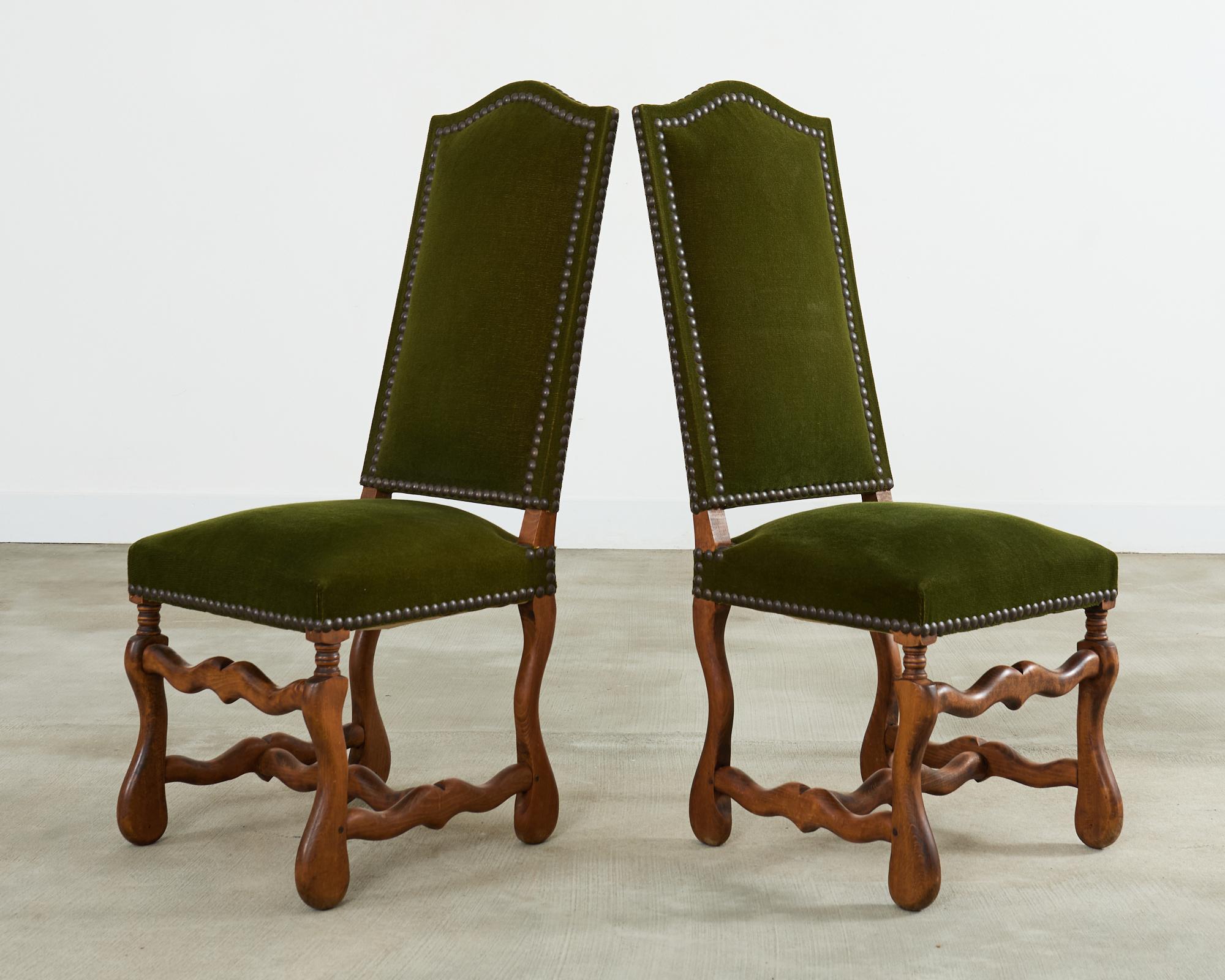 Brass Set of Six French Os de Mouton Dining Chairs in Mohair Velvet For Sale