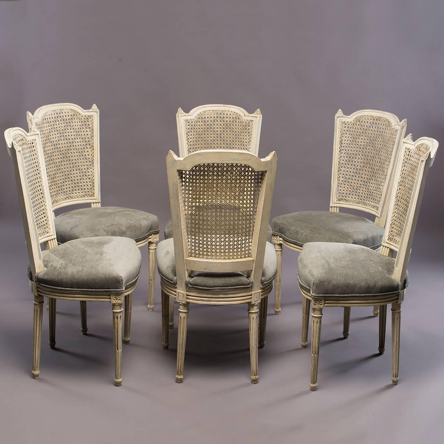 Set of six French dining chairs, circa 1940s. Antique white painted frames, classic reeded legs topped with a carved decorative medallion, and caned backs feature a subtle painted lattice design in gray. Seats are newly upholstered in coordinating