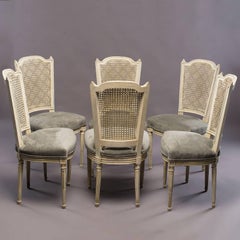 Set of Six French Painted and Caned Back Chairs