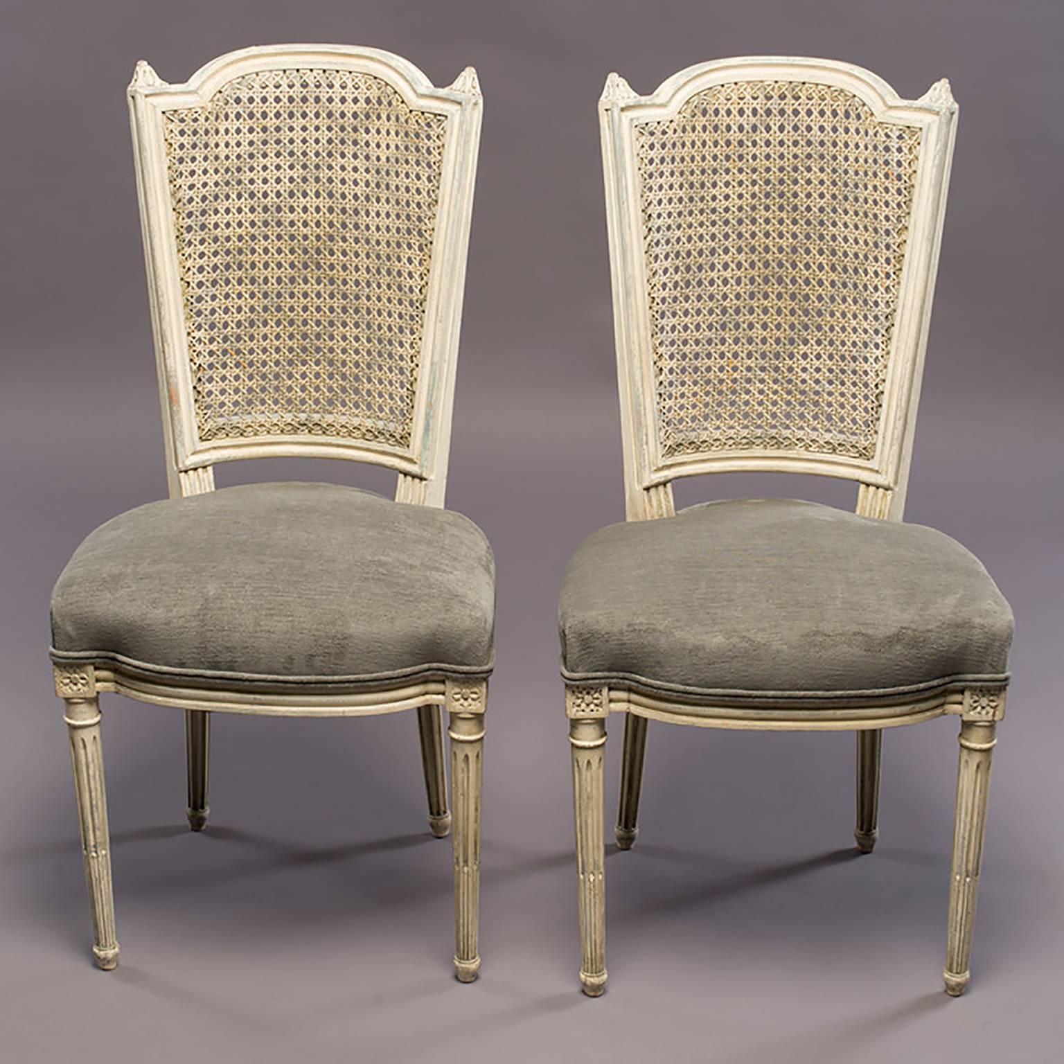 Carved Set of Six French Painted and Caned Back Chairs