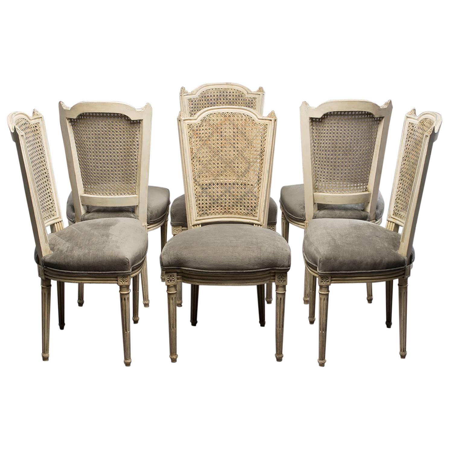 Set of Six French Painted and Caned Back Chairs